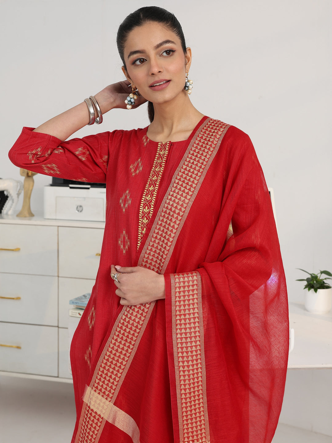  Red Geometric Woven Design Cotton Blend Straight Suit Set With Dupatta 