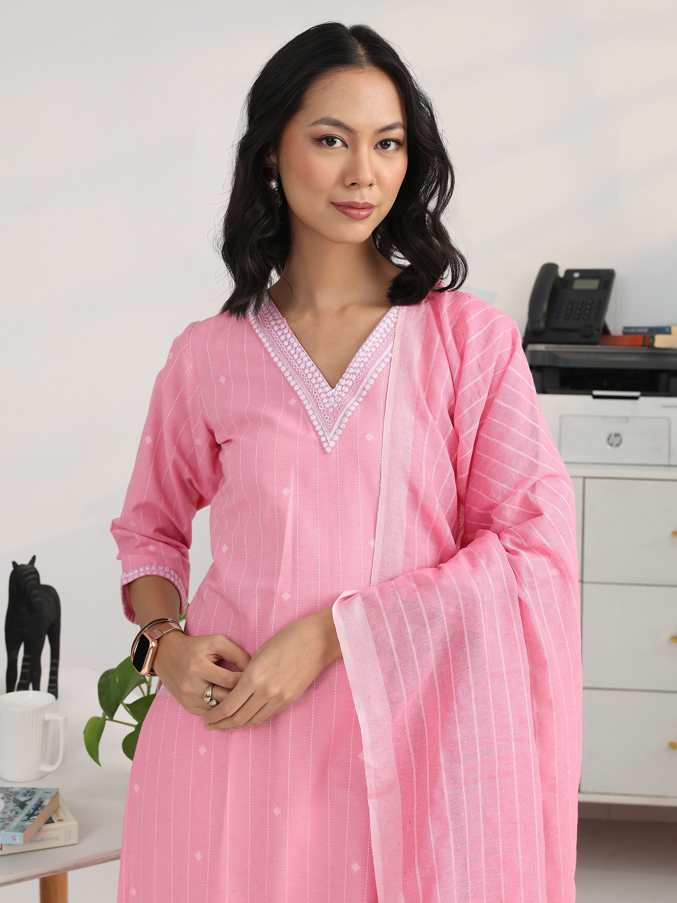 Buy Pink Striped Woven Design Cotton Blend Straight Suit Set With