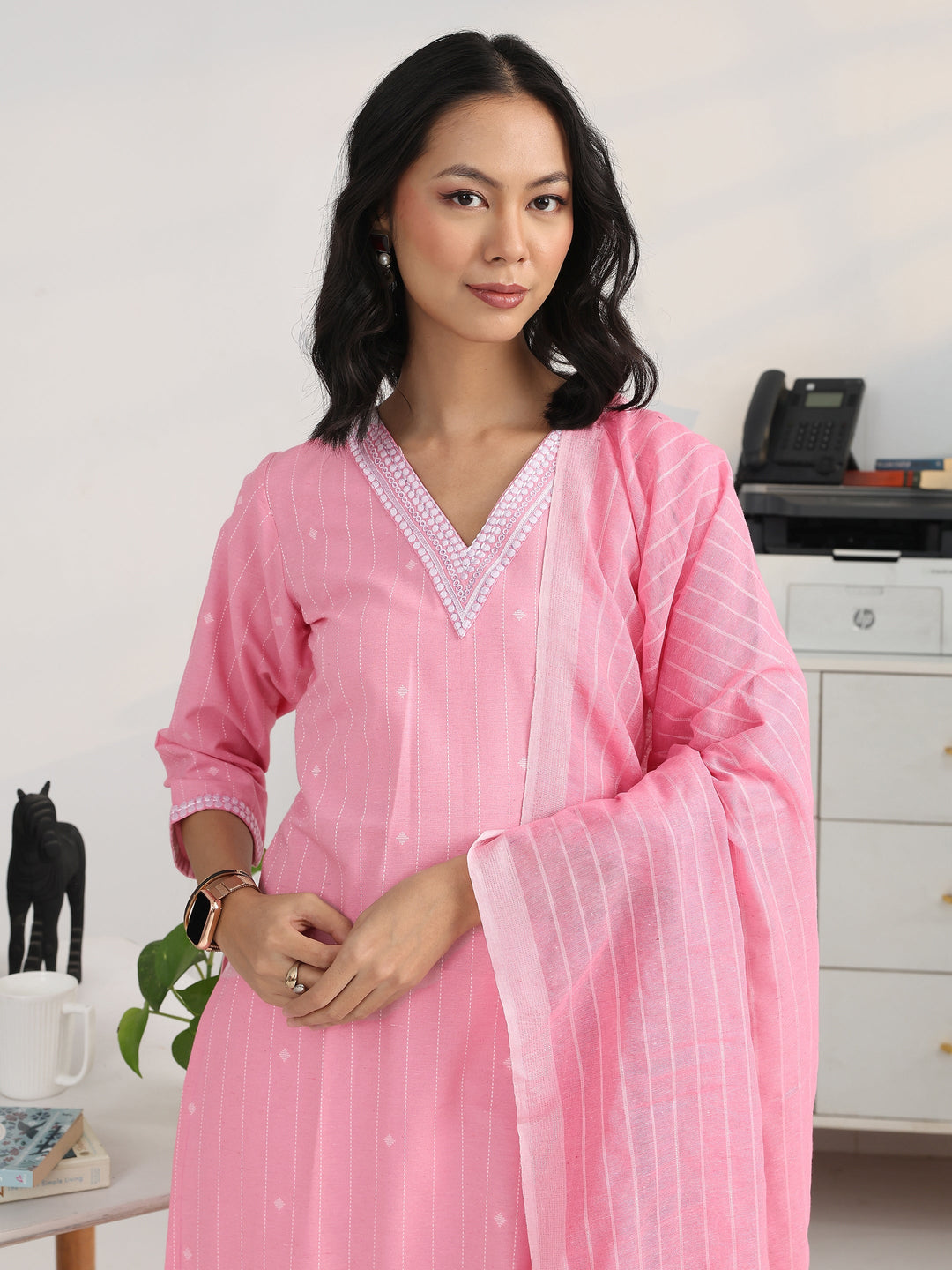  Pink Striped Woven Design Cotton Blend Straight Suit Set With Dupatta 