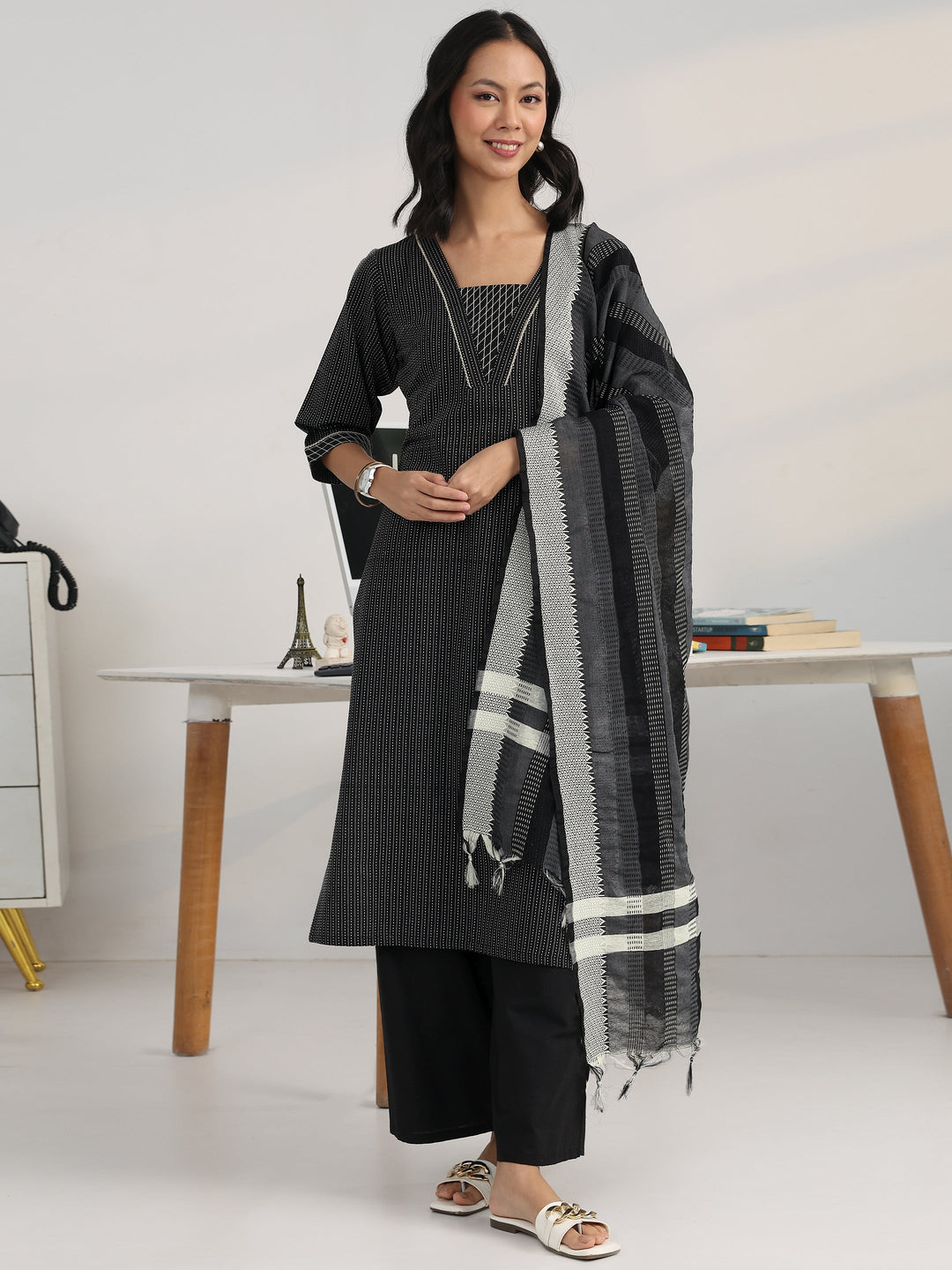  Black Striped Woven Design Cotton Blend Straight Suit Set With Dupatta 