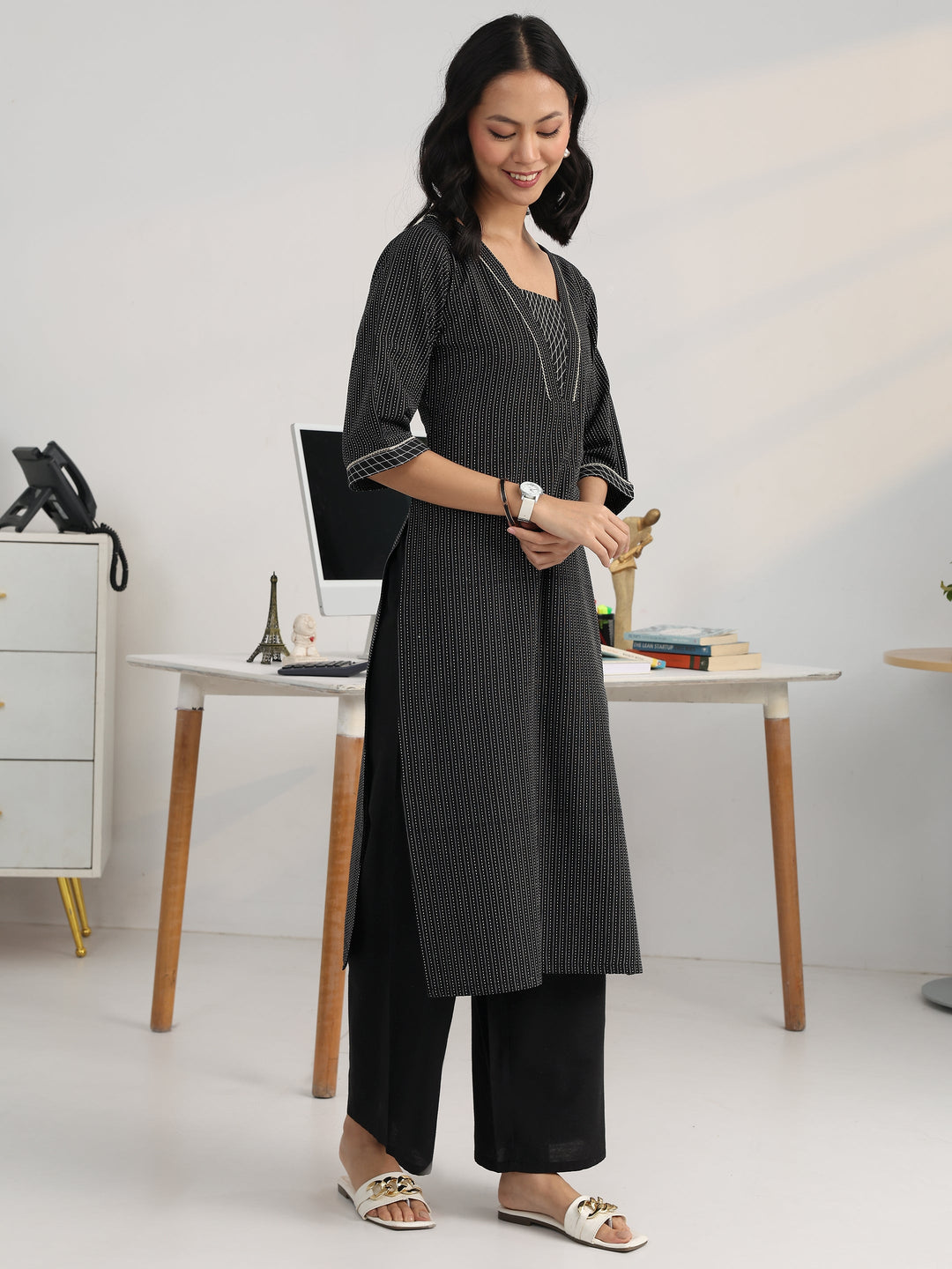  Black Striped Woven Design Cotton Blend Straight Suit Set With Dupatta 