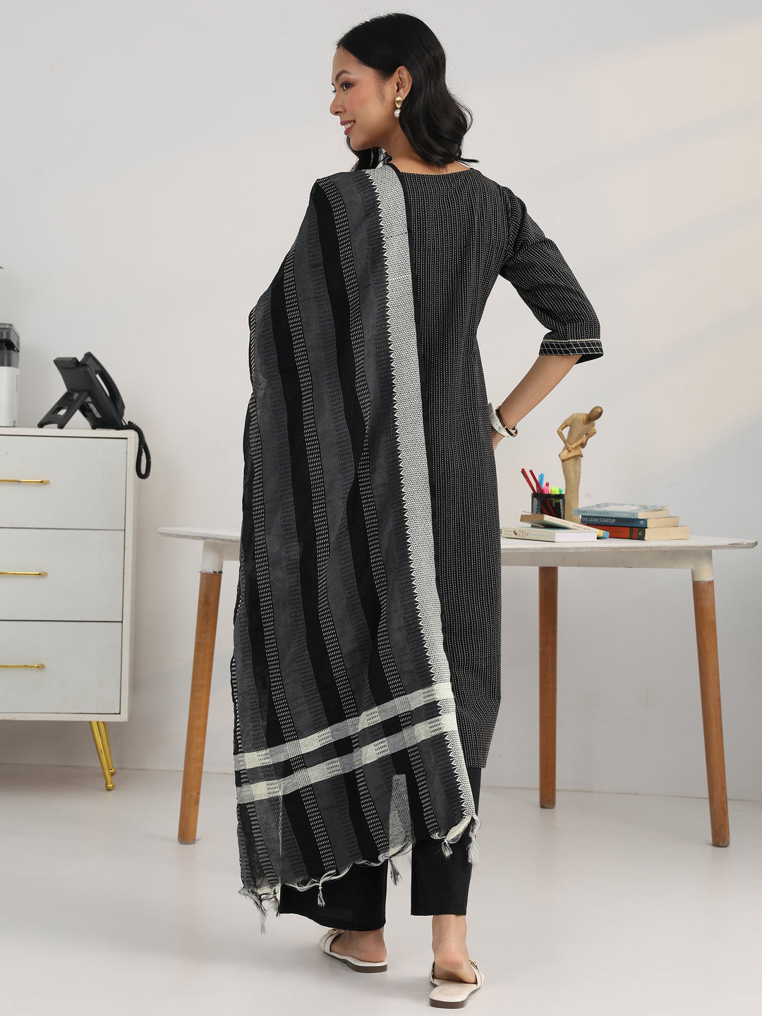  Black Striped Woven Design Cotton Blend Straight Suit Set With Dupatta 