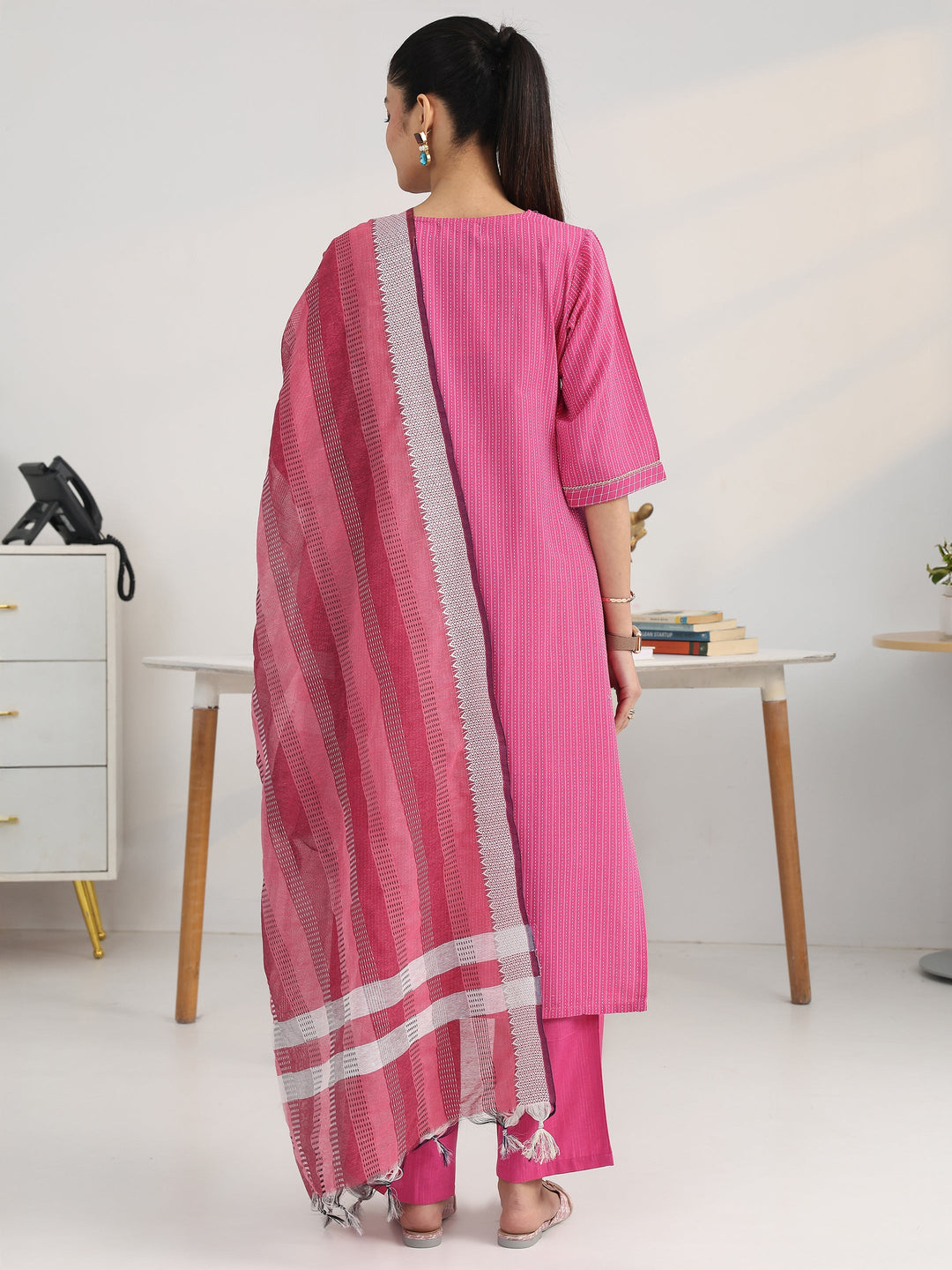  Pink Striped Woven Design Cotton Blend Straight Suit Set With Dupatta 