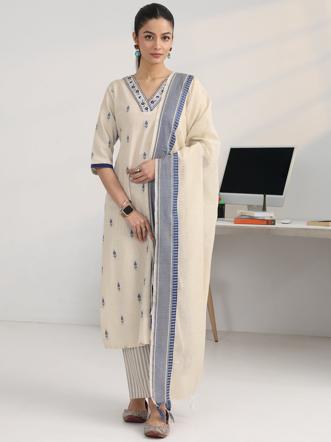  White Woven Design Cotton Blend Ambition Suit Set 