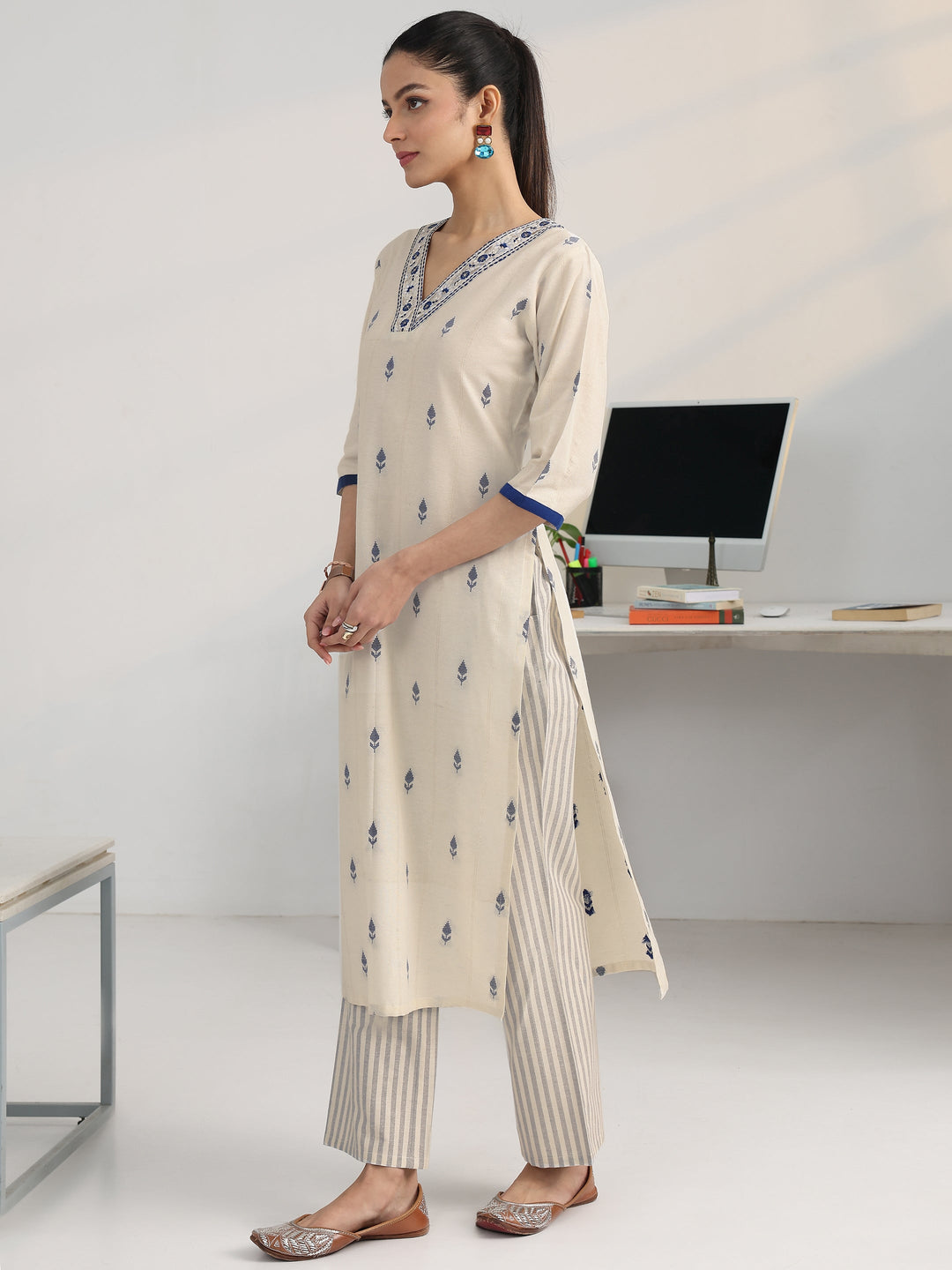  White Woven Design Cotton Blend Ambition Suit Set 