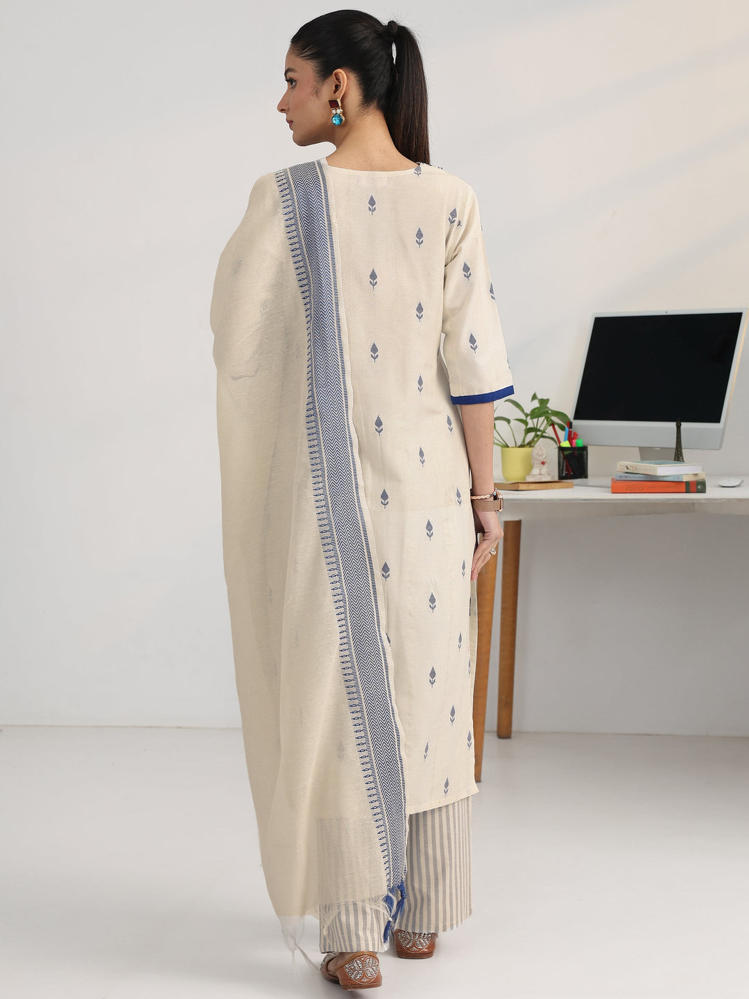  White Woven Design Cotton Blend Ambition Suit Set 
