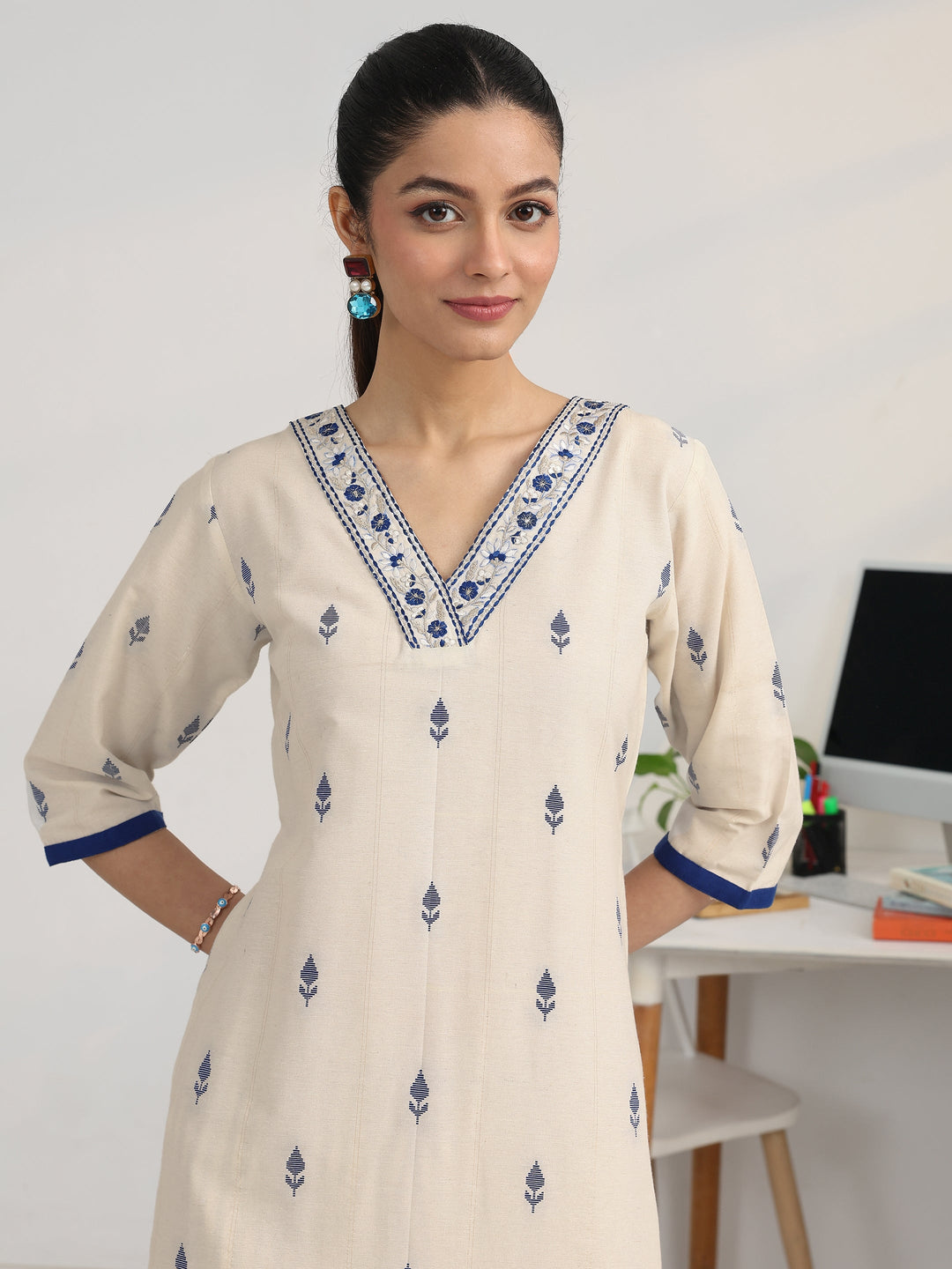  White Woven Design Cotton Blend Ambition Suit Set 