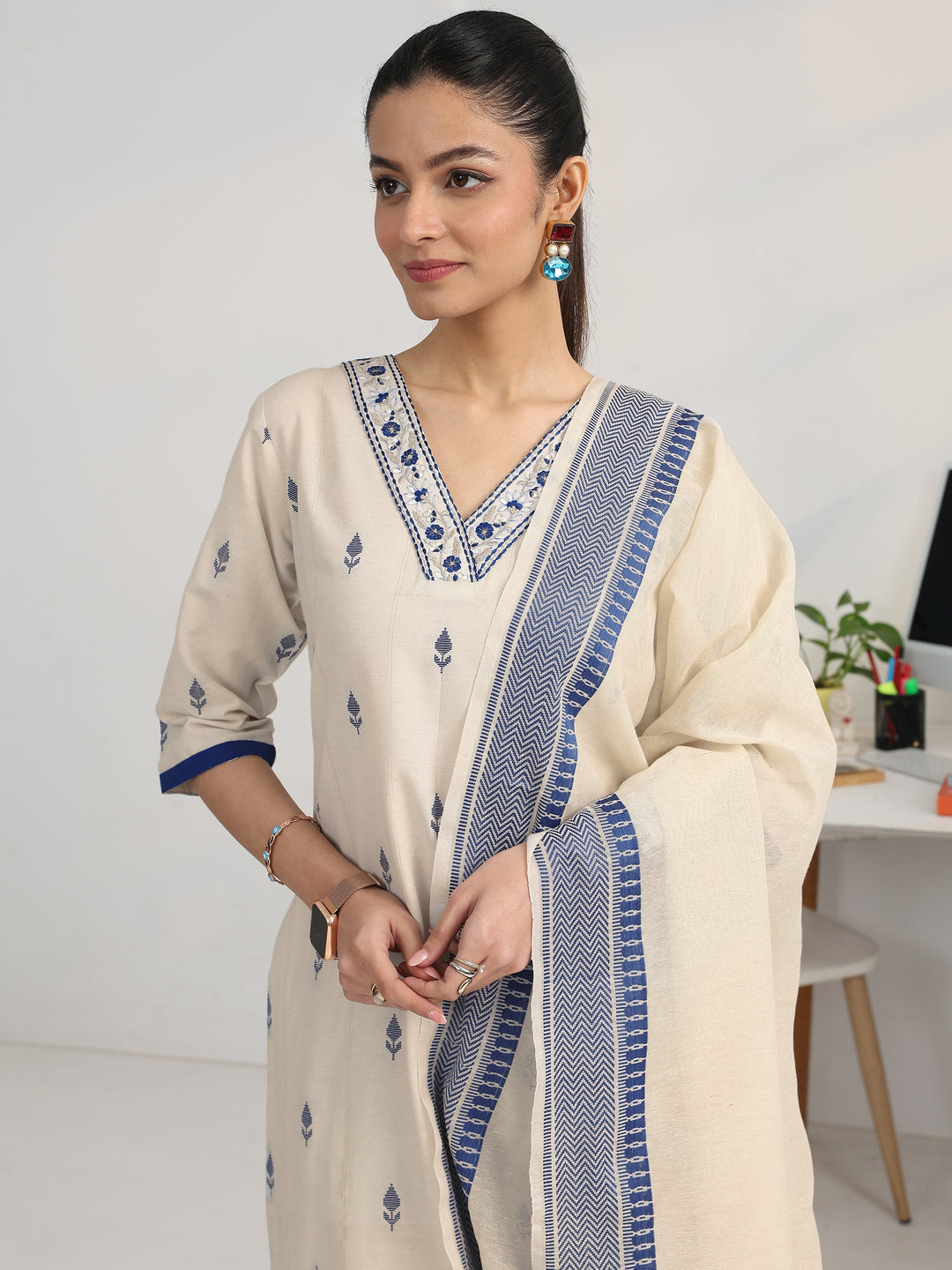  White Woven Design Cotton Blend Ambition Suit Set 