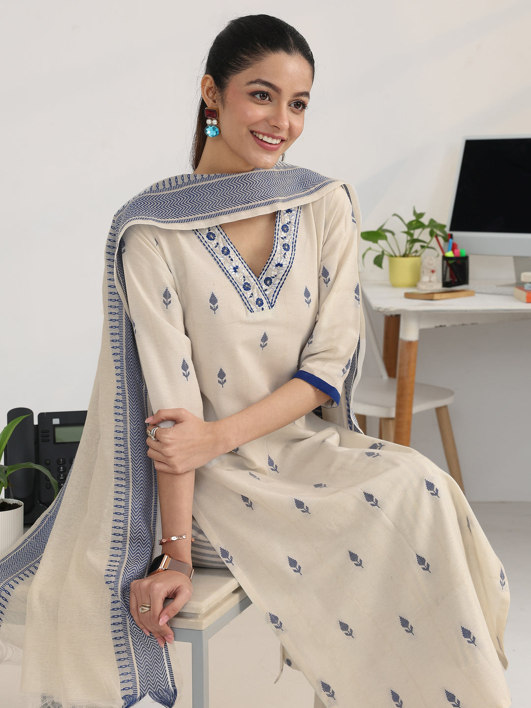  White Woven Design Cotton Blend Ambition Suit Set 