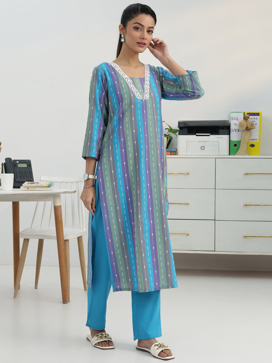  Multi Ethnic Motif Woven Design Cotton Blend Straight Suit Set With Dupatta 