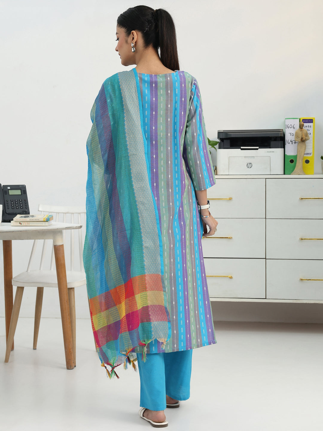  Multi Ethnic Motif Woven Design Cotton Blend Straight Suit Set With Dupatta 