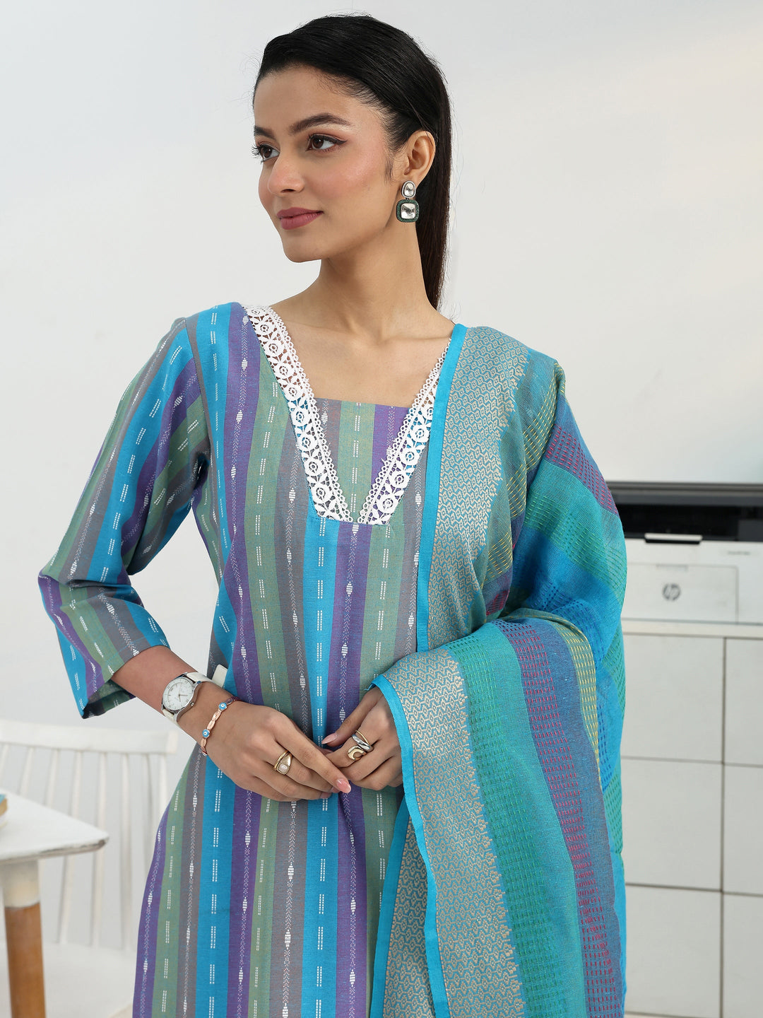  Multi Ethnic Motif Woven Design Cotton Blend Straight Suit Set With Dupatta 