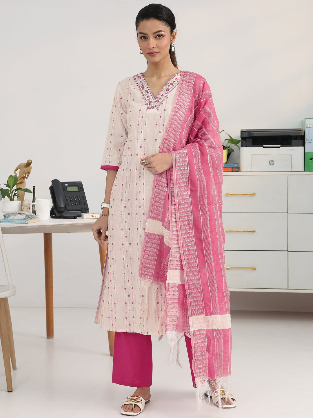  Off White Ethnic Motif Woven Design Cotton Blend Straight Suit Set With Dupatta 