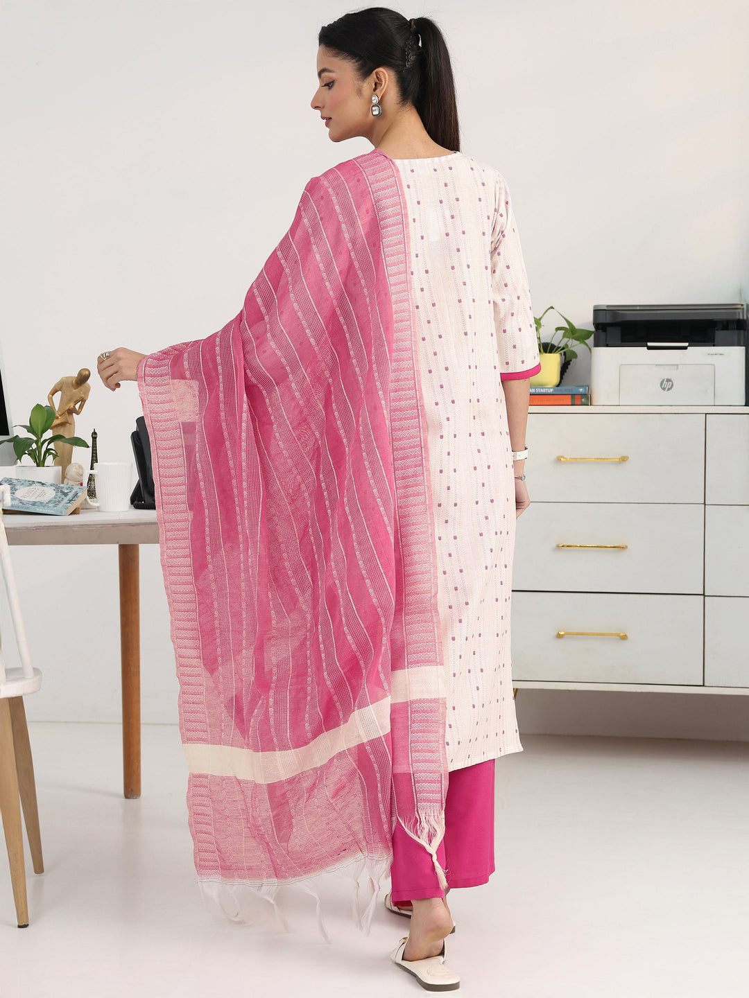  Off White Ethnic Motif Woven Design Cotton Blend Straight Suit Set With Dupatta 