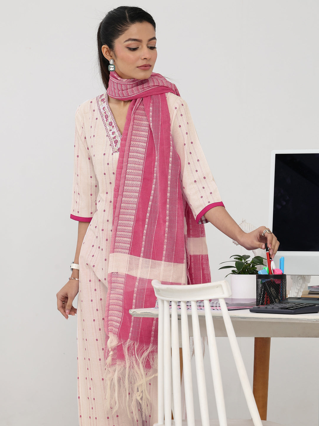  Off White Ethnic Motif Woven Design Cotton Blend Straight Suit Set With Dupatta 