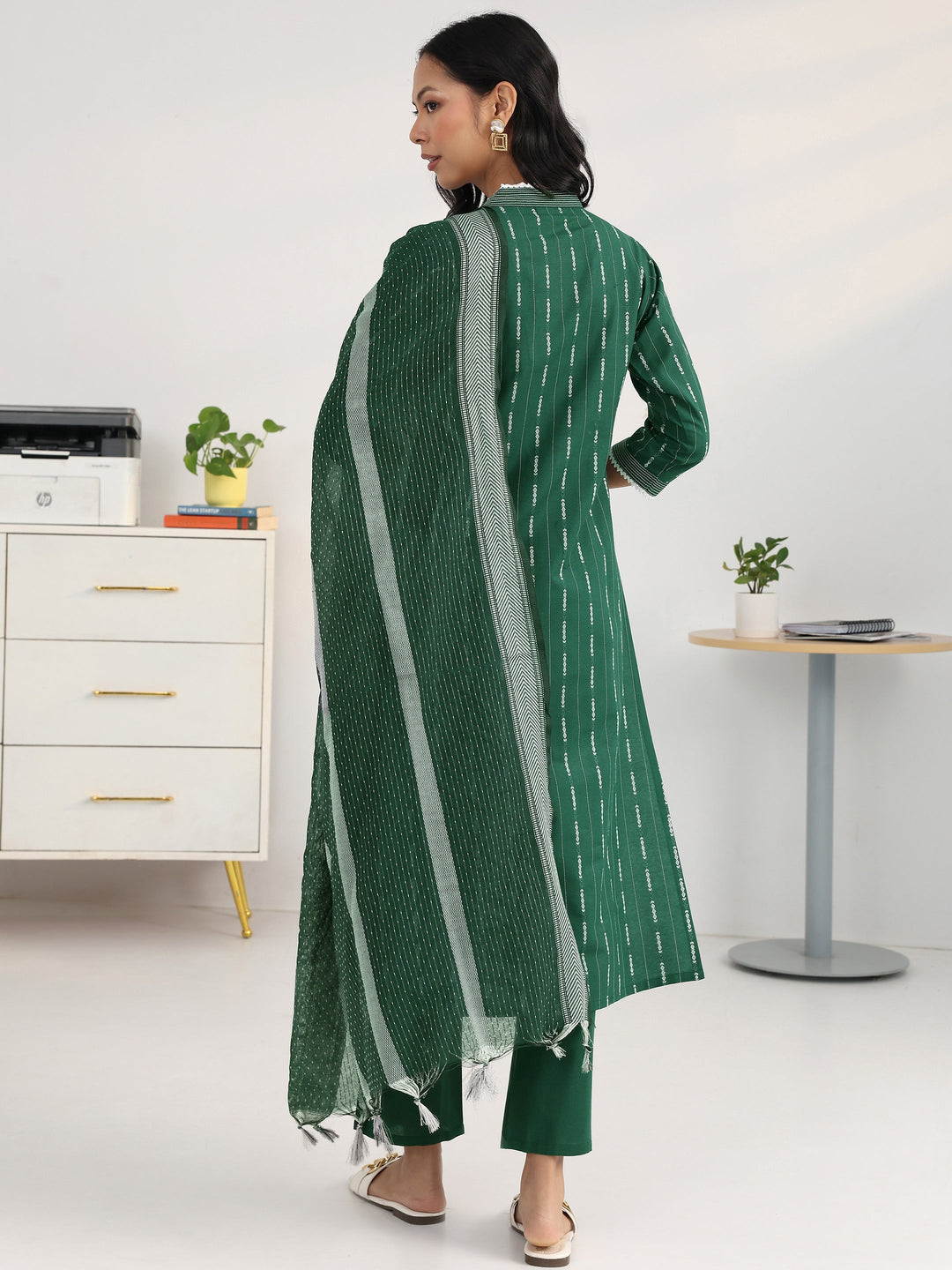  Green Ethnic Motif Woven Design Cotton Blend Straight Suit Set With Dupatta 