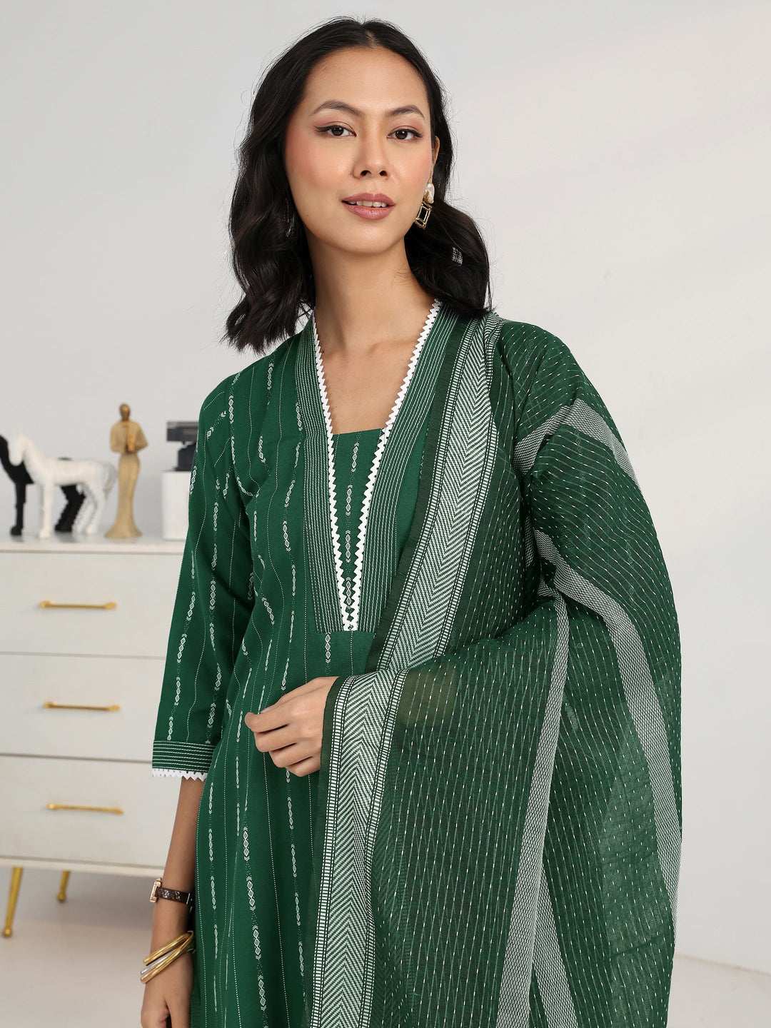  Green Ethnic Motif Woven Design Cotton Blend Straight Suit Set With Dupatta 