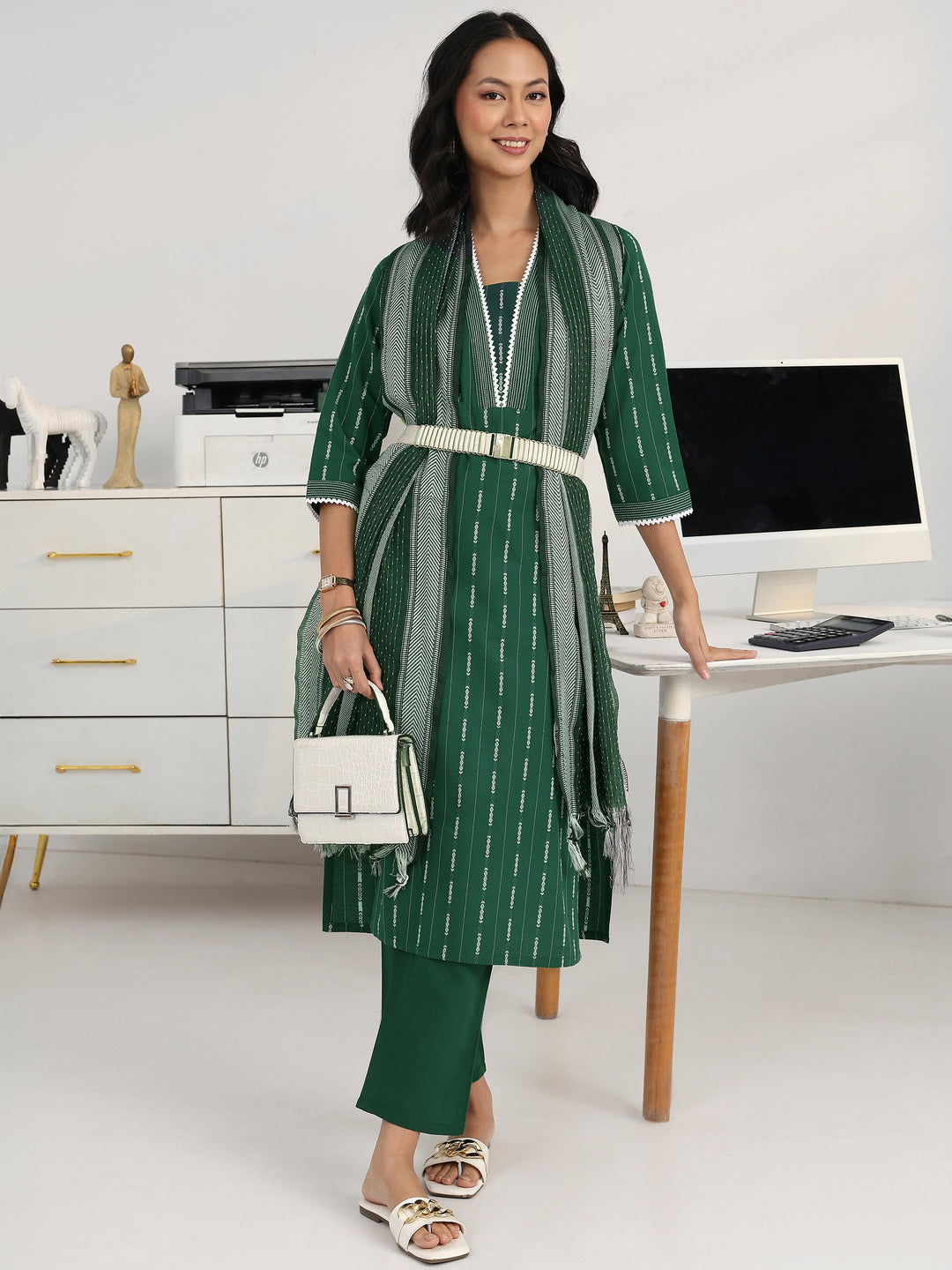  Green Ethnic Motif Woven Design Cotton Blend Straight Suit Set With Dupatta 