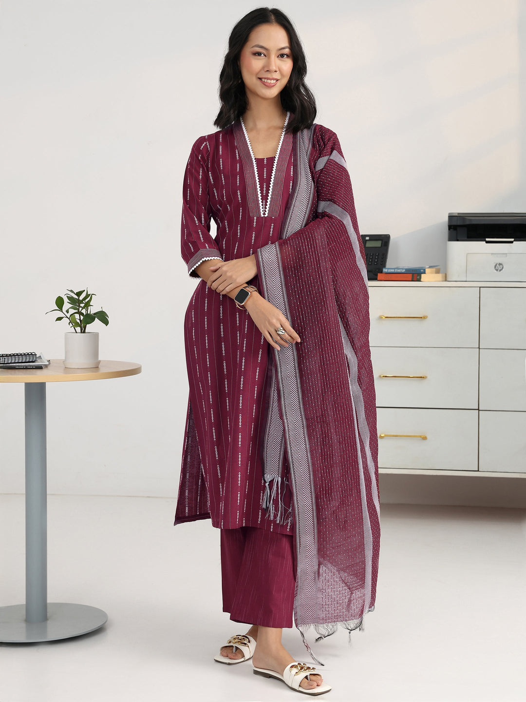  Maroon Ethnic Motif Woven Design Cotton Blend Straight Suit Set With Dupatta 