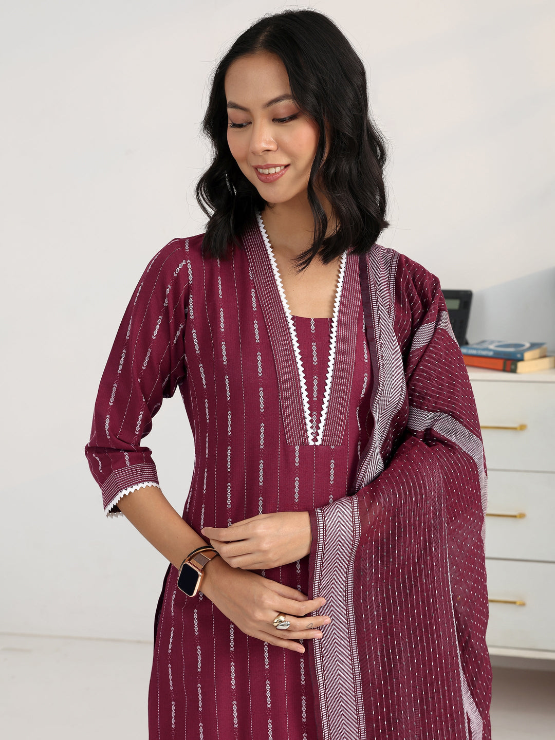  Maroon Ethnic Motif Woven Design Cotton Blend Straight Suit Set With Dupatta 
