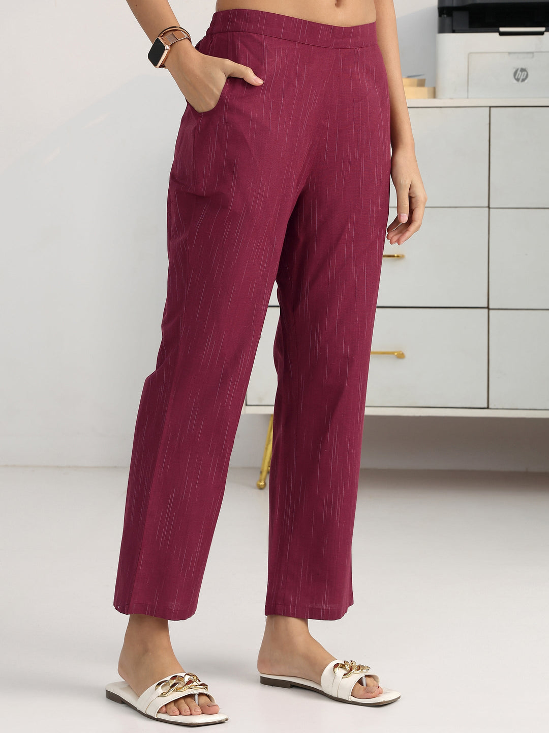  Maroon Ethnic Motif Woven Design Cotton Blend Straight Suit Set With Dupatta 