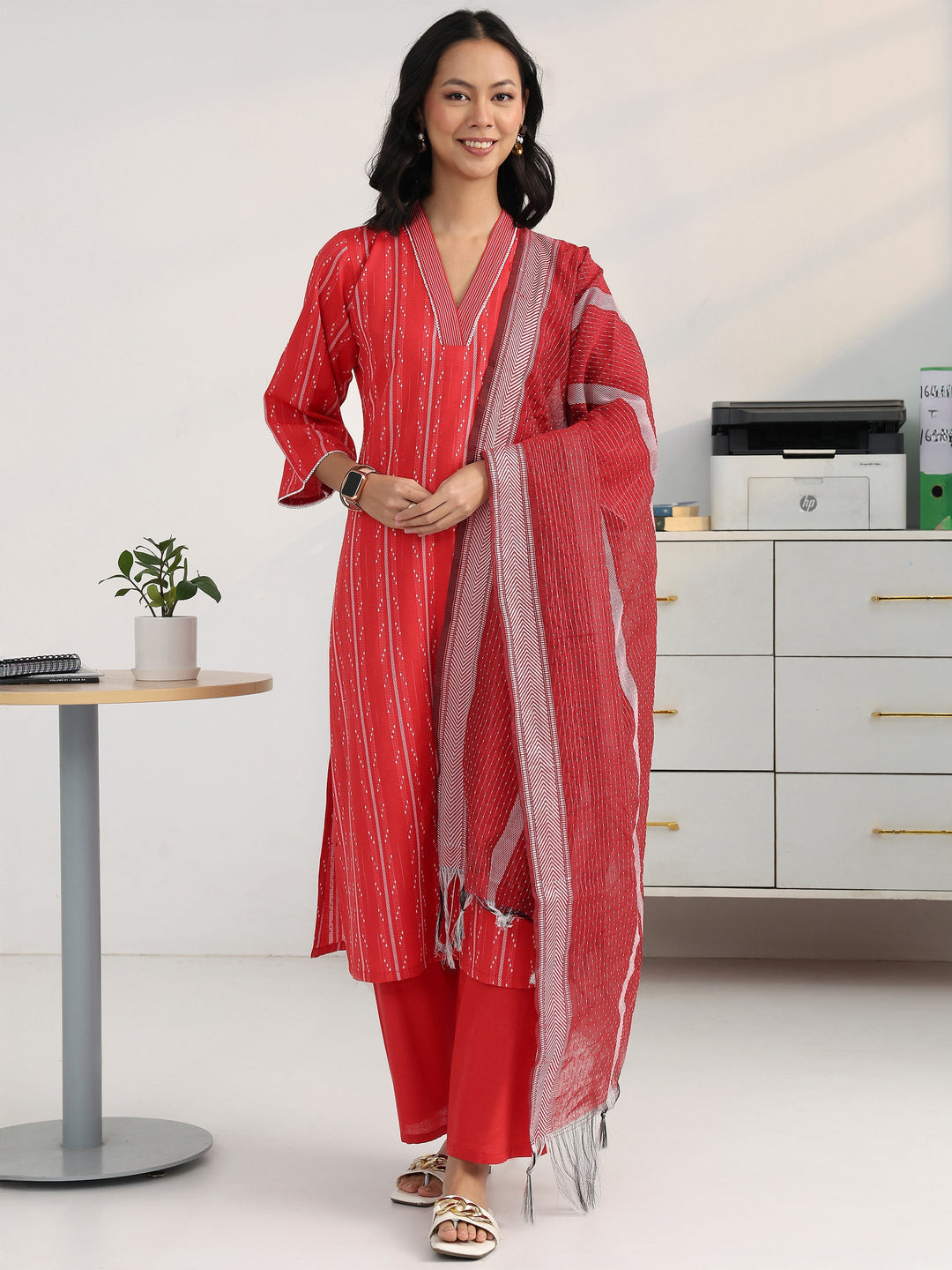  Red Ethnic Motif Woven Design Cotton Blend Straight Suit Set With Dupatta 