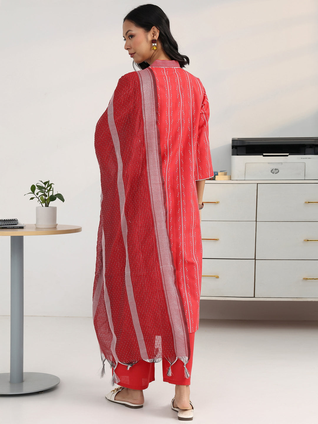  Red Ethnic Motif Woven Design Cotton Blend Straight Suit Set With Dupatta 