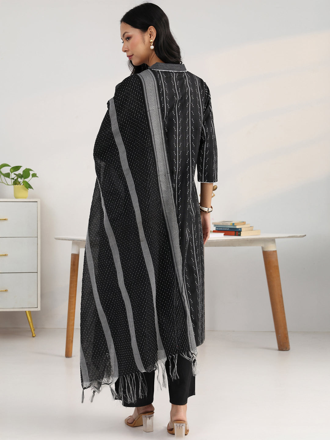  Black Ethnic Motif Woven Design Cotton Blend Straight Suit Set With Dupatta 