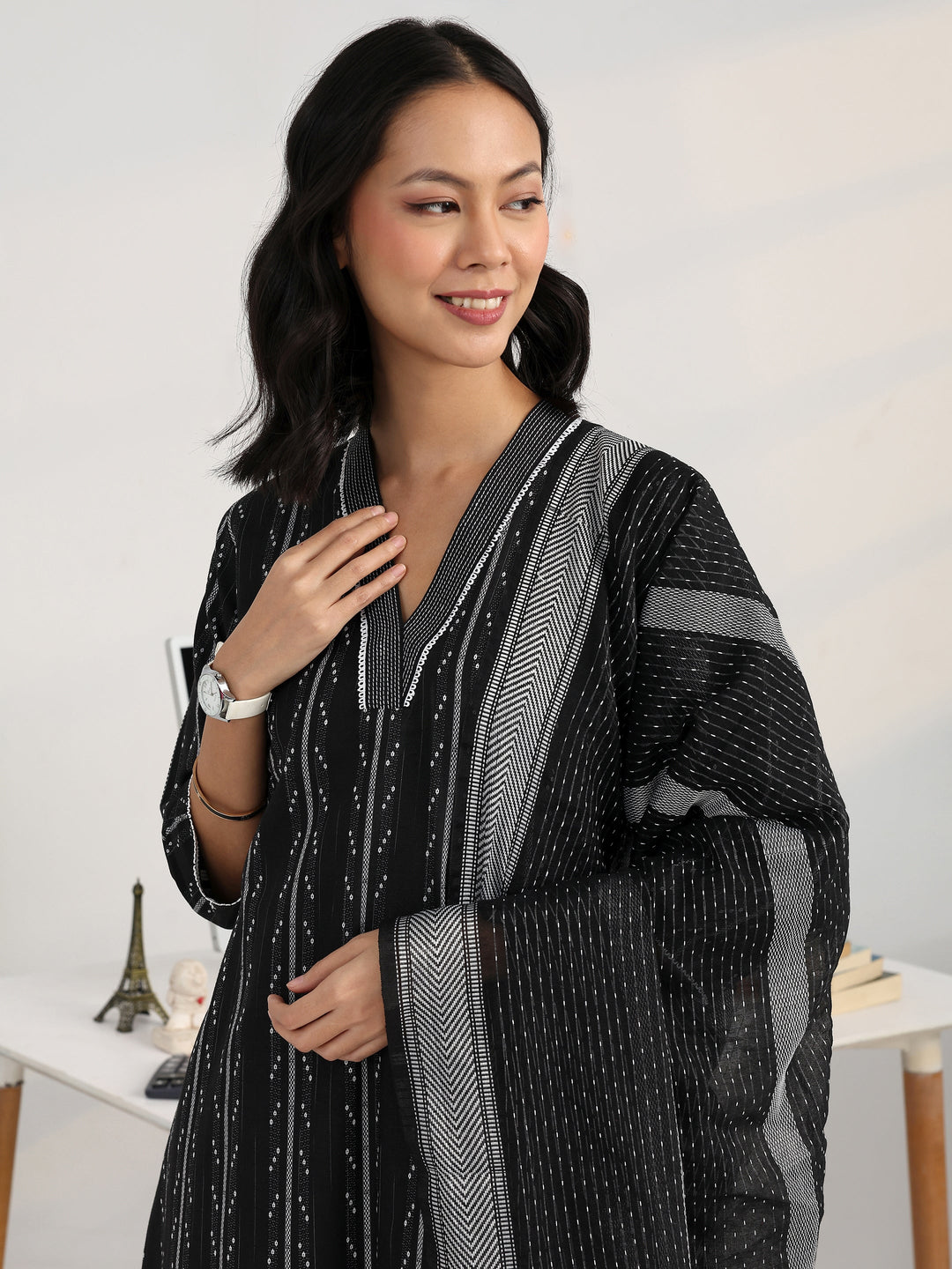  Black Ethnic Motif Woven Design Cotton Blend Straight Suit Set With Dupatta 