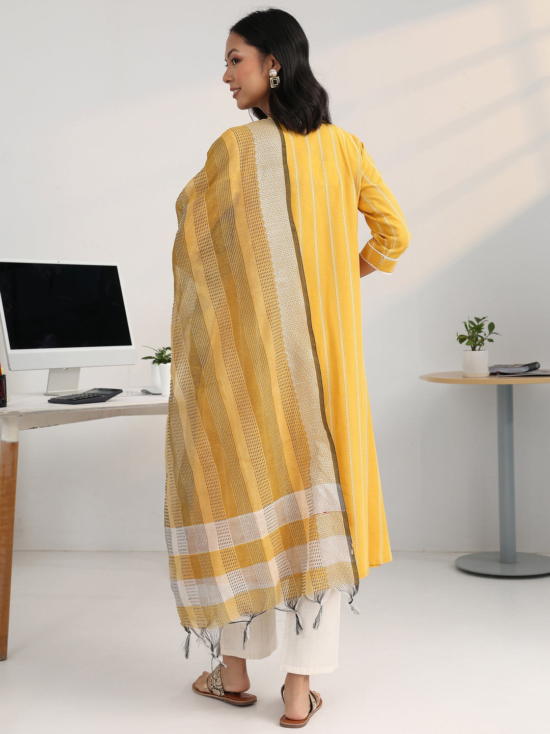  Yellow Ethnic Motif Woven Design Cotton Blend A-Line Suit Set With Dupatta 