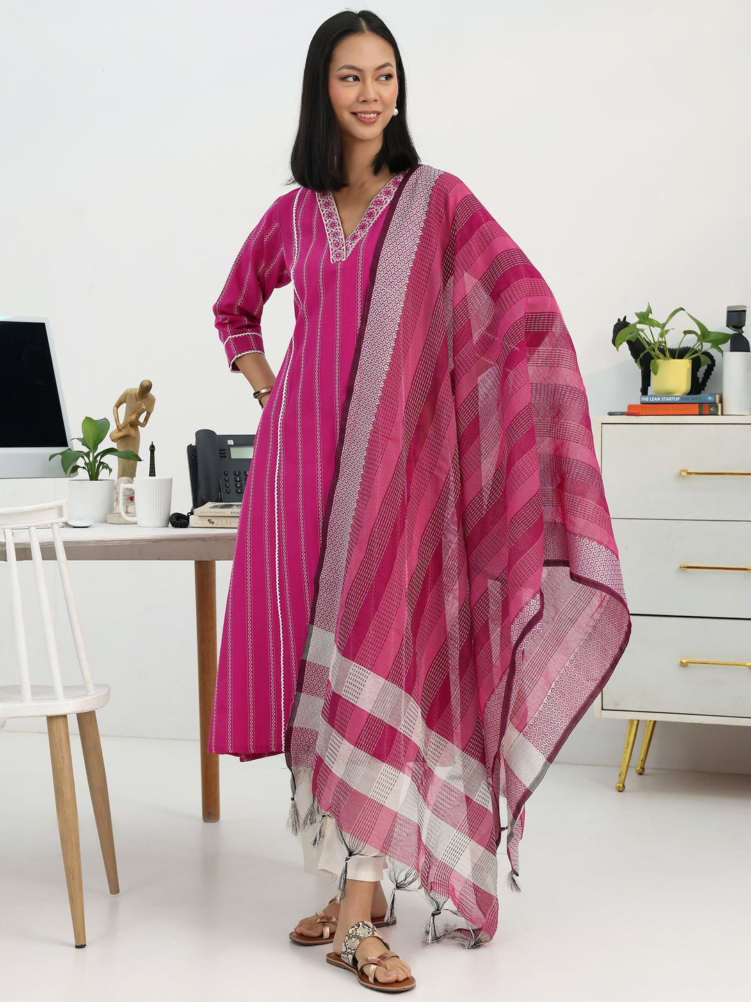  Pink Ethnic Motif Woven Design Cotton Blend A-Line Suit Set With Dupatta 
