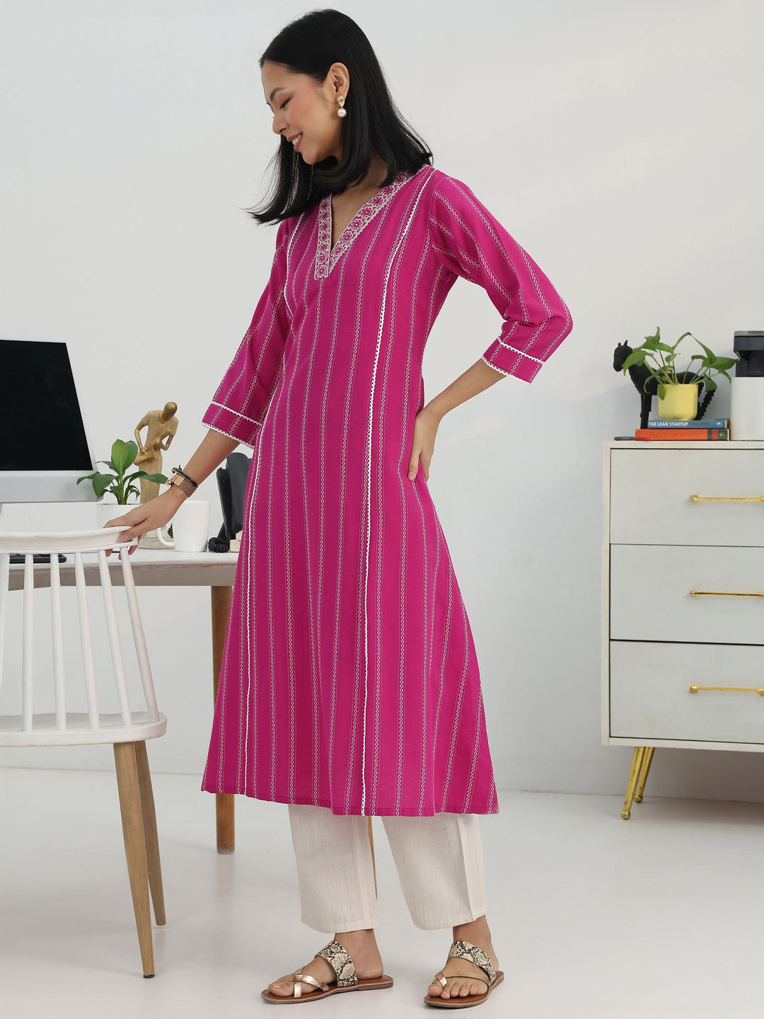  Pink Ethnic Motif Woven Design Cotton Blend A-Line Suit Set With Dupatta 