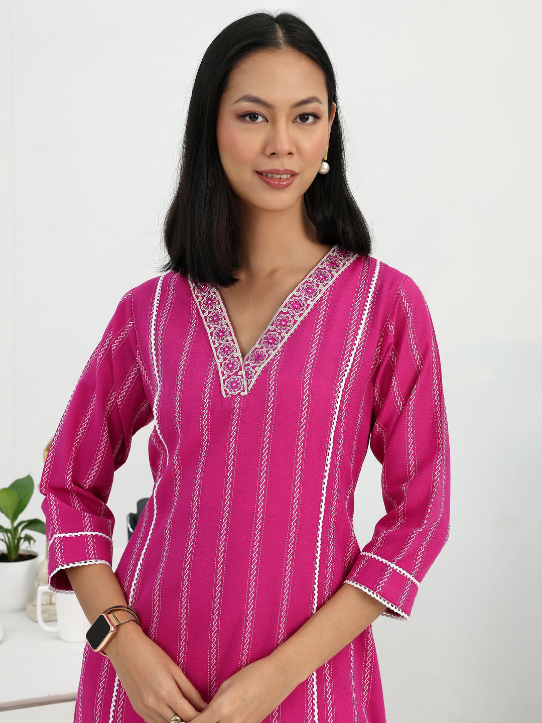  Pink Ethnic Motif Woven Design Cotton Blend A-Line Suit Set With Dupatta 