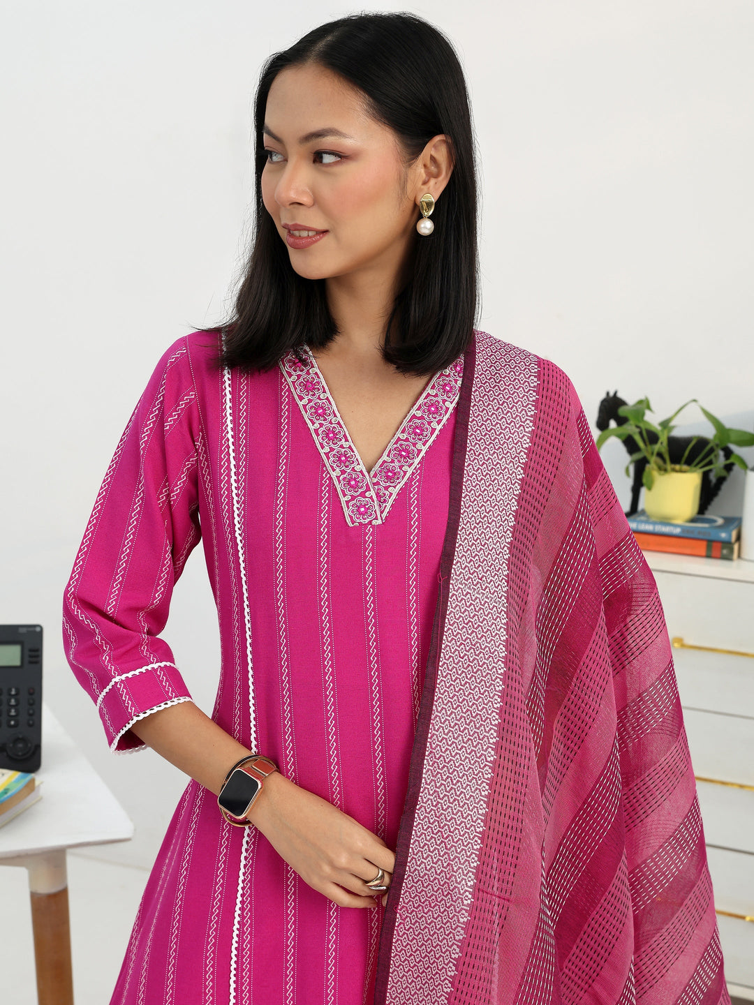  Pink Ethnic Motif Woven Design Cotton Blend A-Line Suit Set With Dupatta 