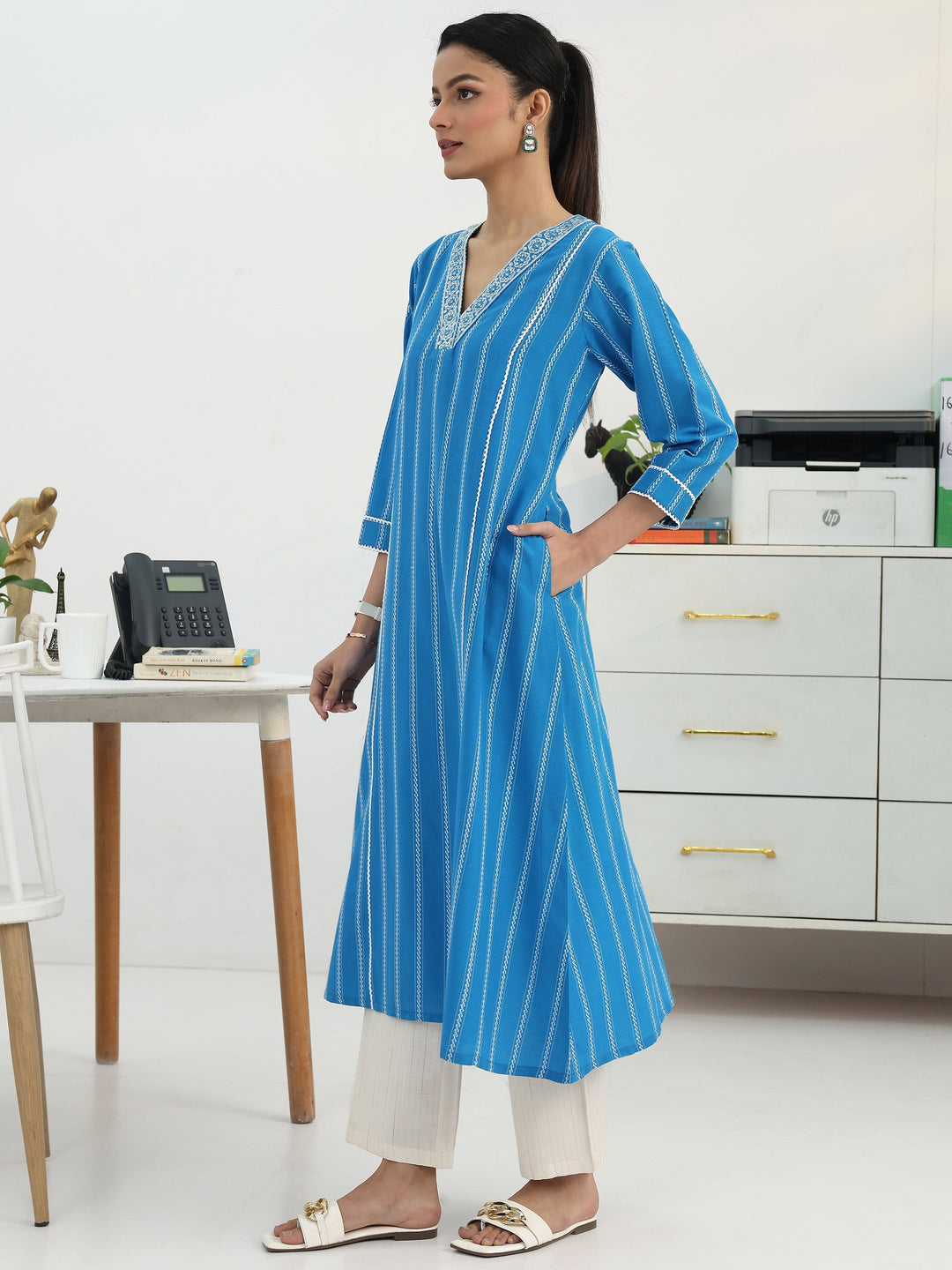  Skyline Stripes Blue Cotton Blend Straight Suit Set 