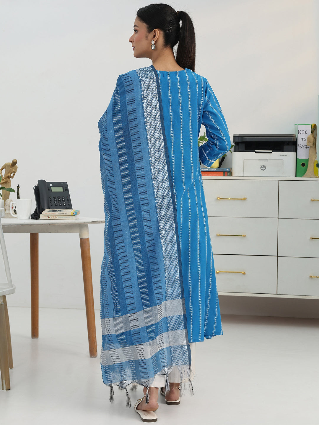  Skyline Stripes Blue Cotton Blend Straight Suit Set 