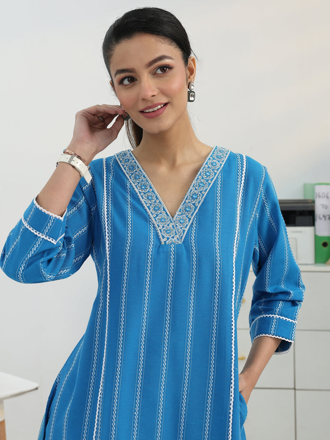  Skyline Stripes Blue Cotton Blend Straight Suit Set 