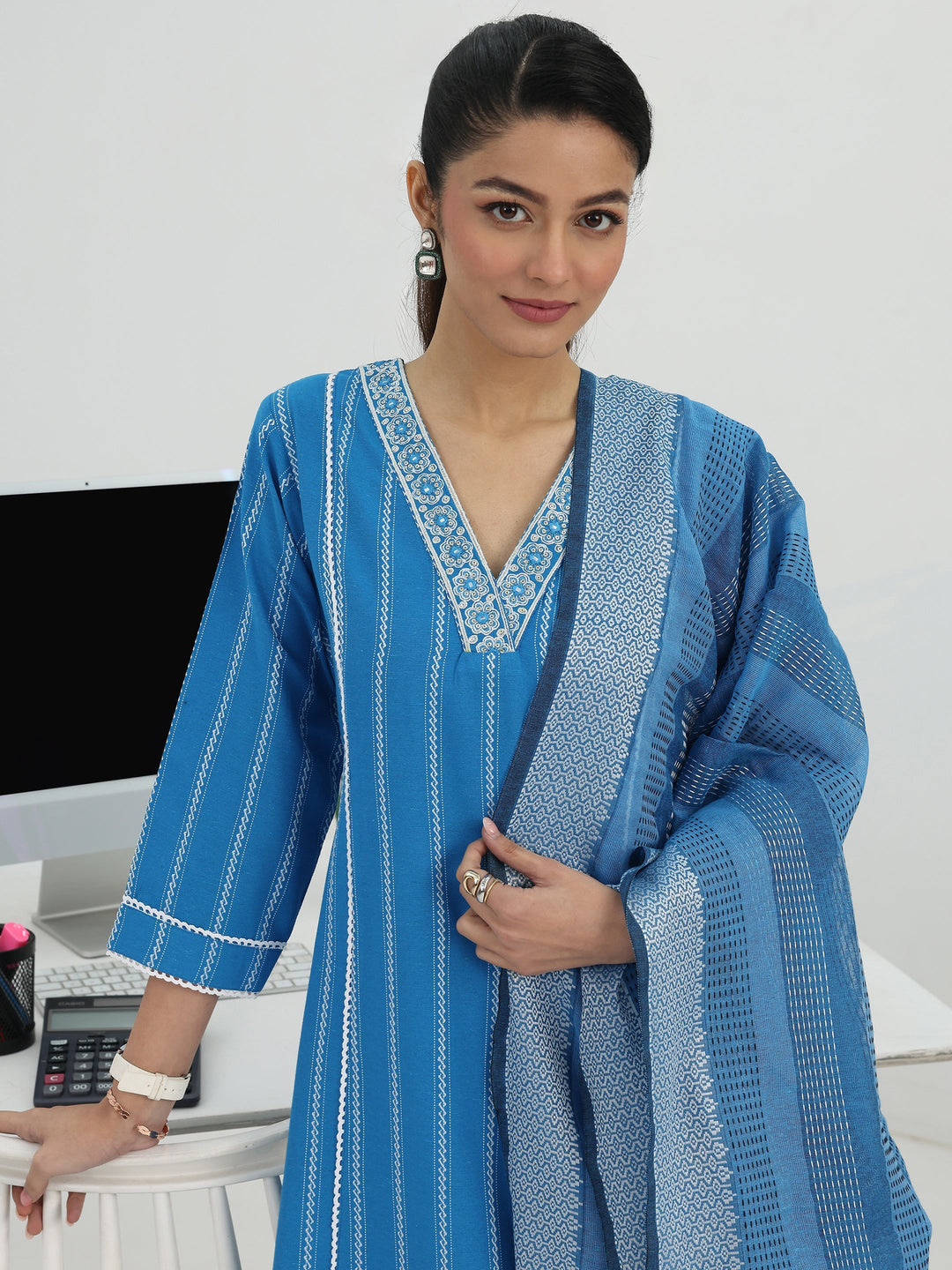  Skyline Stripes Blue Cotton Blend Straight Suit Set 