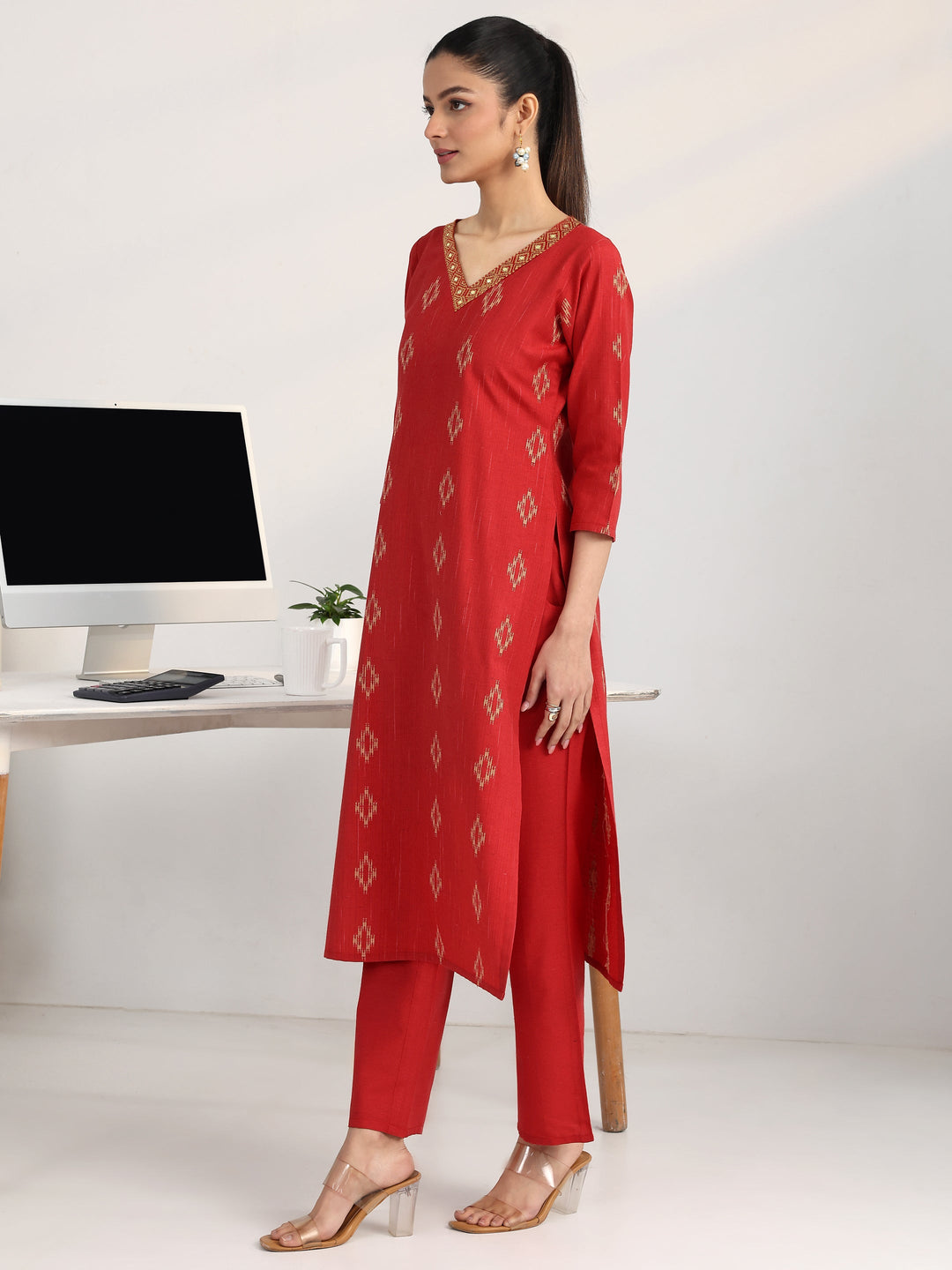  Red Geometric Woven Design Cotton Blend Straight Suit Set With Dupatta 