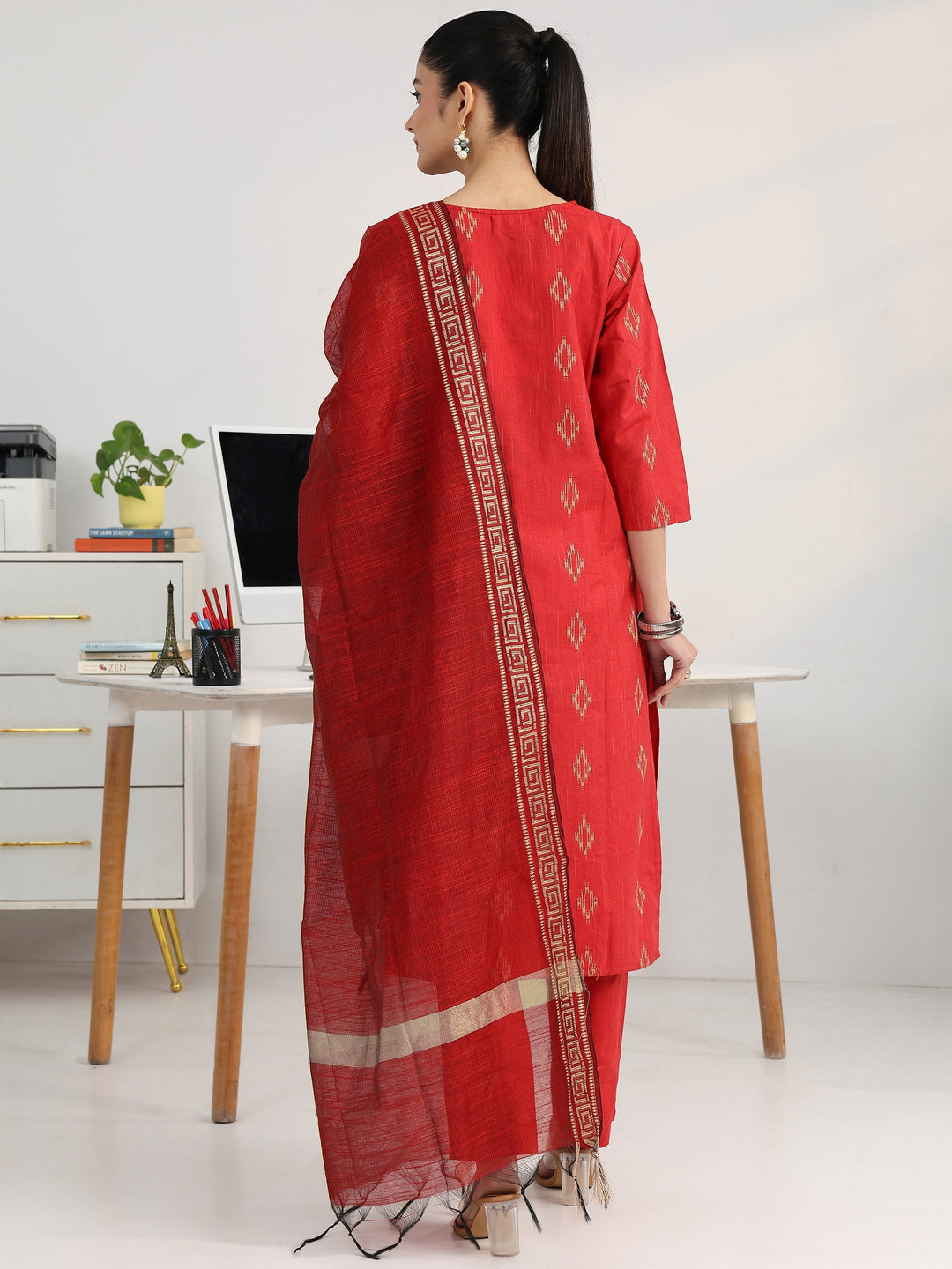  Red Geometric Woven Design Cotton Blend Straight Suit Set With Dupatta 