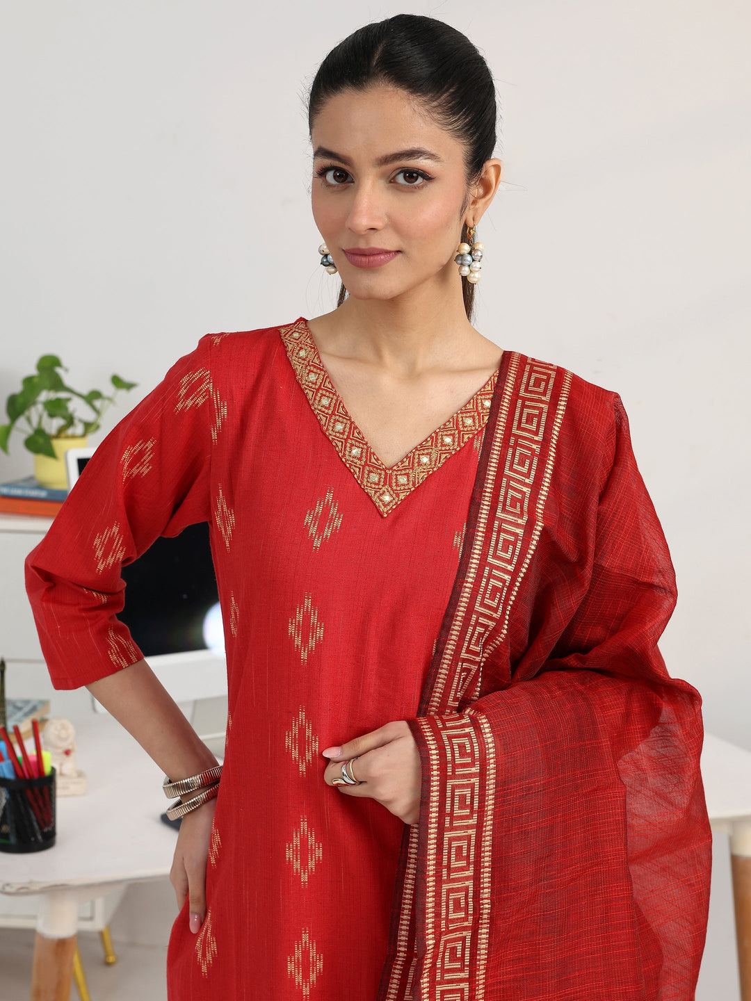  Red Geometric Woven Design Cotton Blend Straight Suit Set With Dupatta 