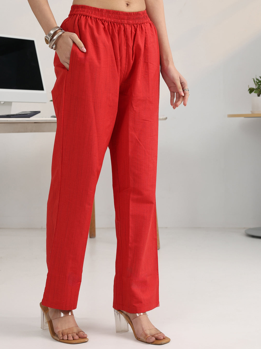  Red Geometric Woven Design Cotton Blend Straight Suit Set With Dupatta 