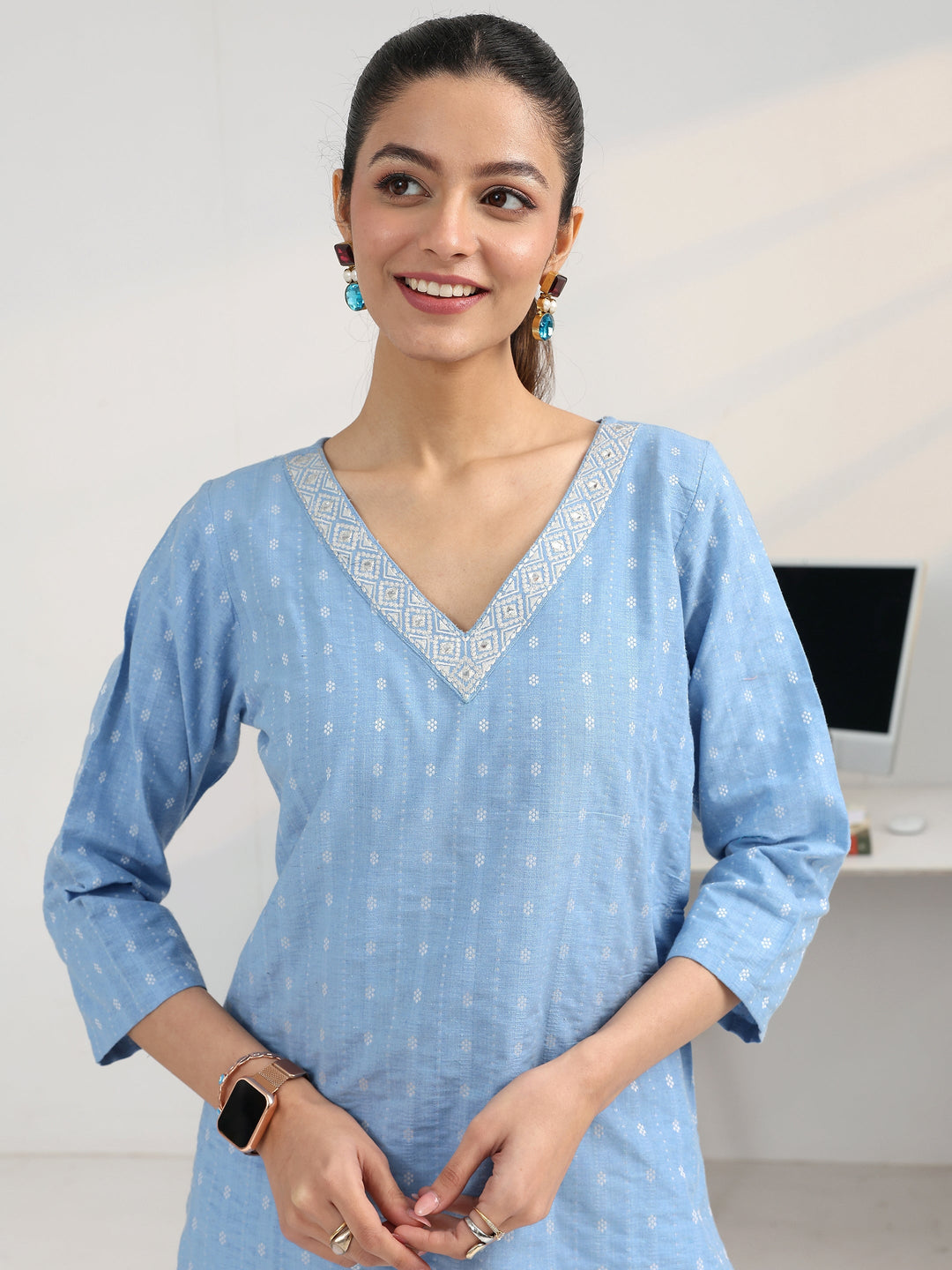  Blue Ethnic Motif Woven Design Cotton Blend Straight Suit Set With Dupatta 