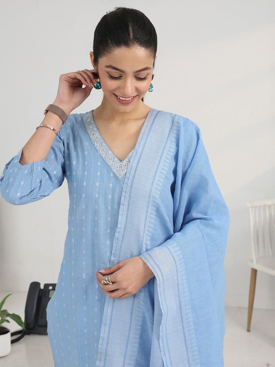  Blue Ethnic Motif Woven Design Cotton Blend Straight Suit Set With Dupatta 