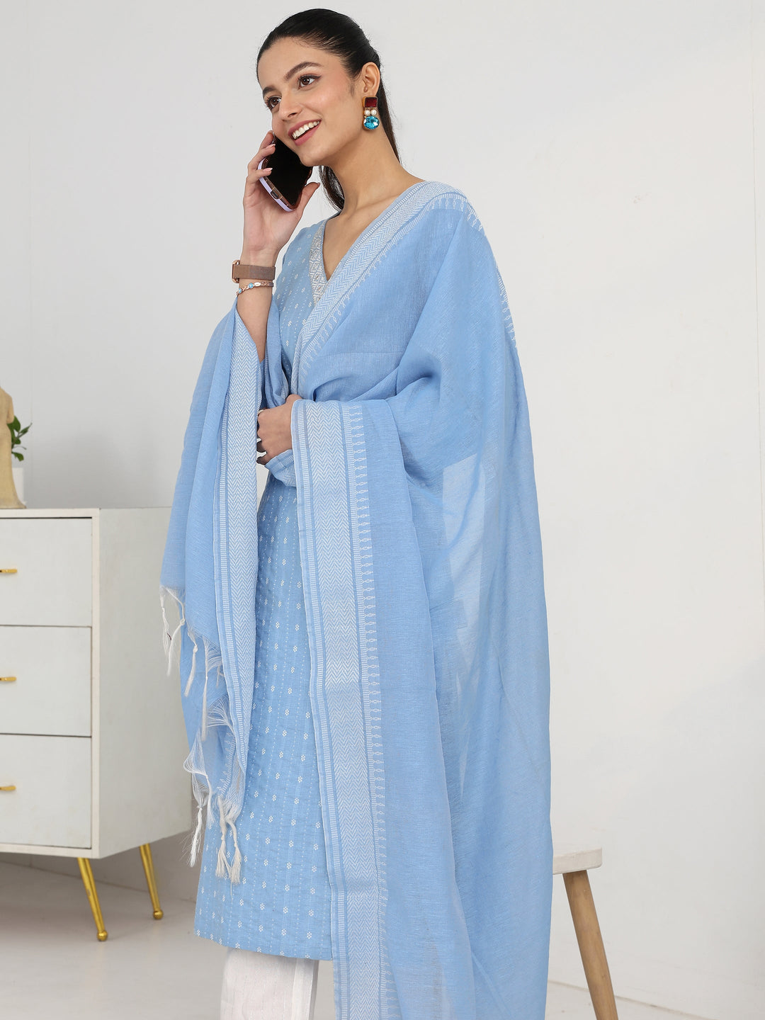  Blue Ethnic Motif Woven Design Cotton Blend Straight Suit Set With Dupatta 