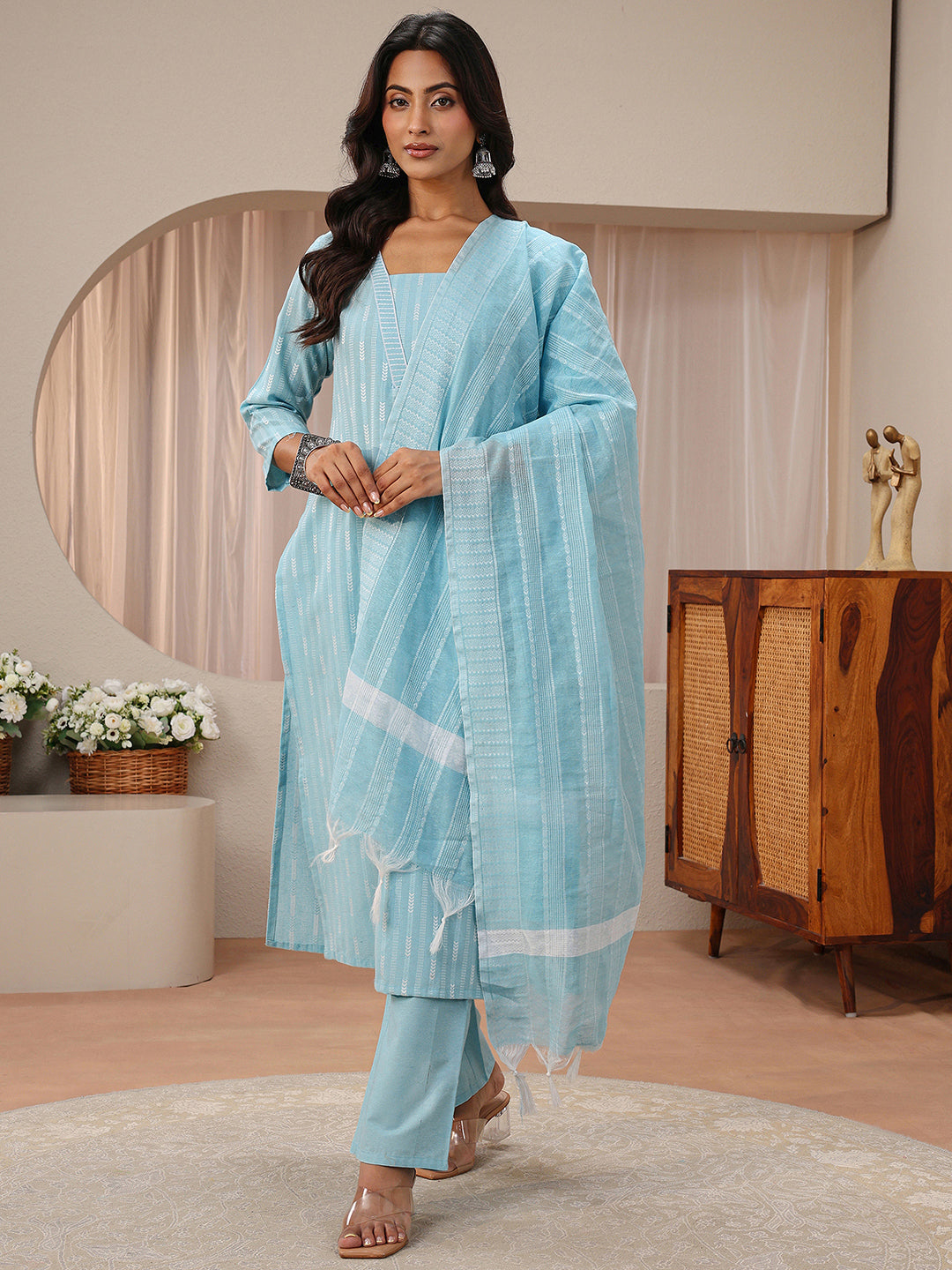 Gerua Blue Striped Woven Design Straight Suit Set