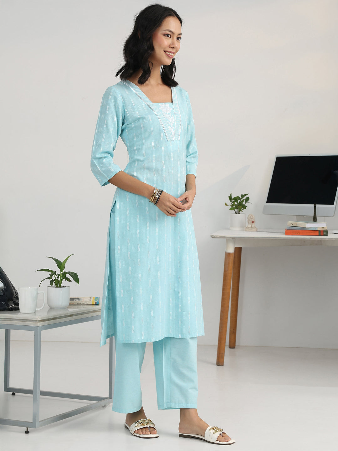  Blue Striped Woven Design Cotton Blend Straight Suit Set With Dupatta 