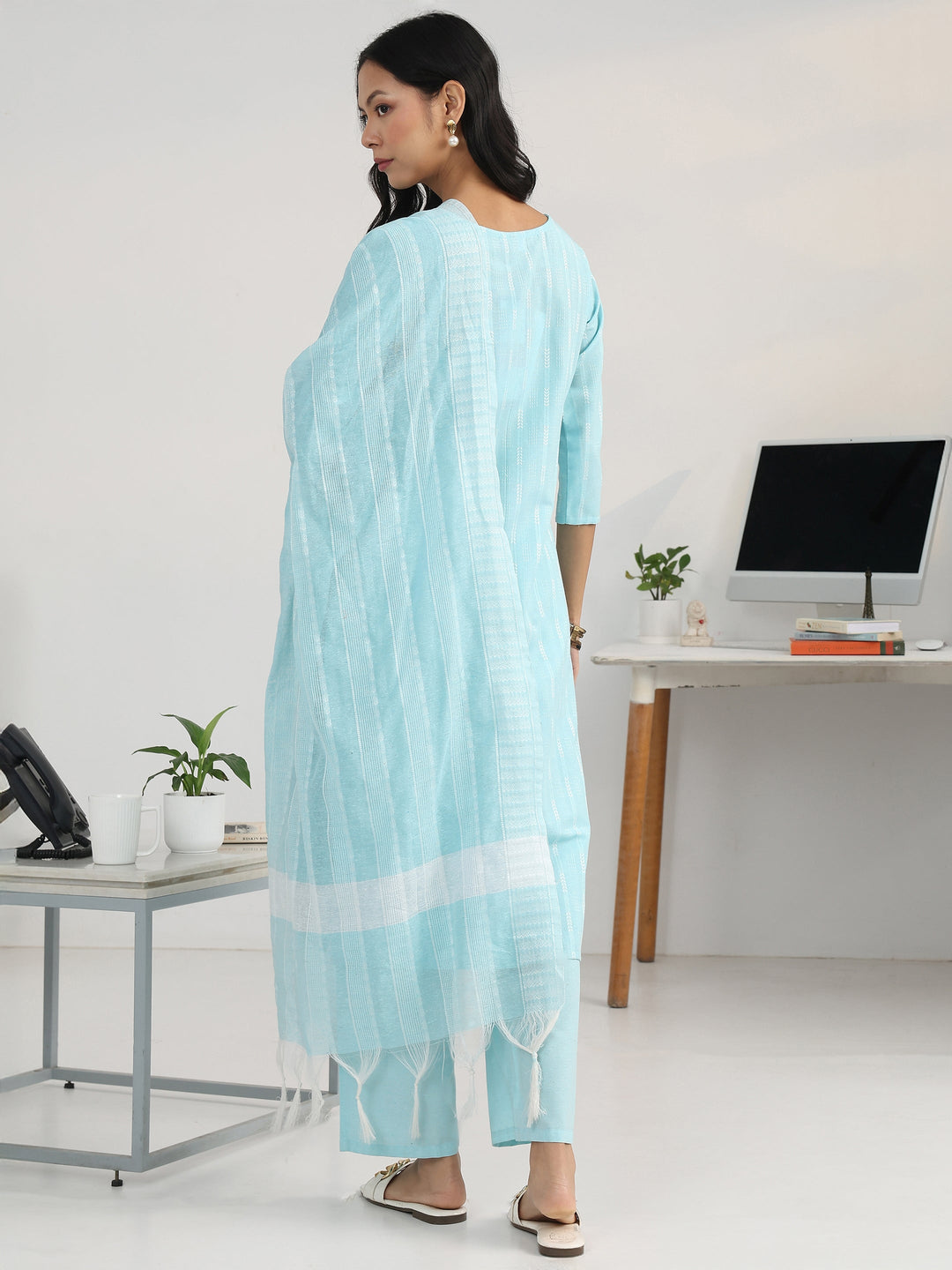  Blue Striped Woven Design Cotton Blend Straight Suit Set With Dupatta 
