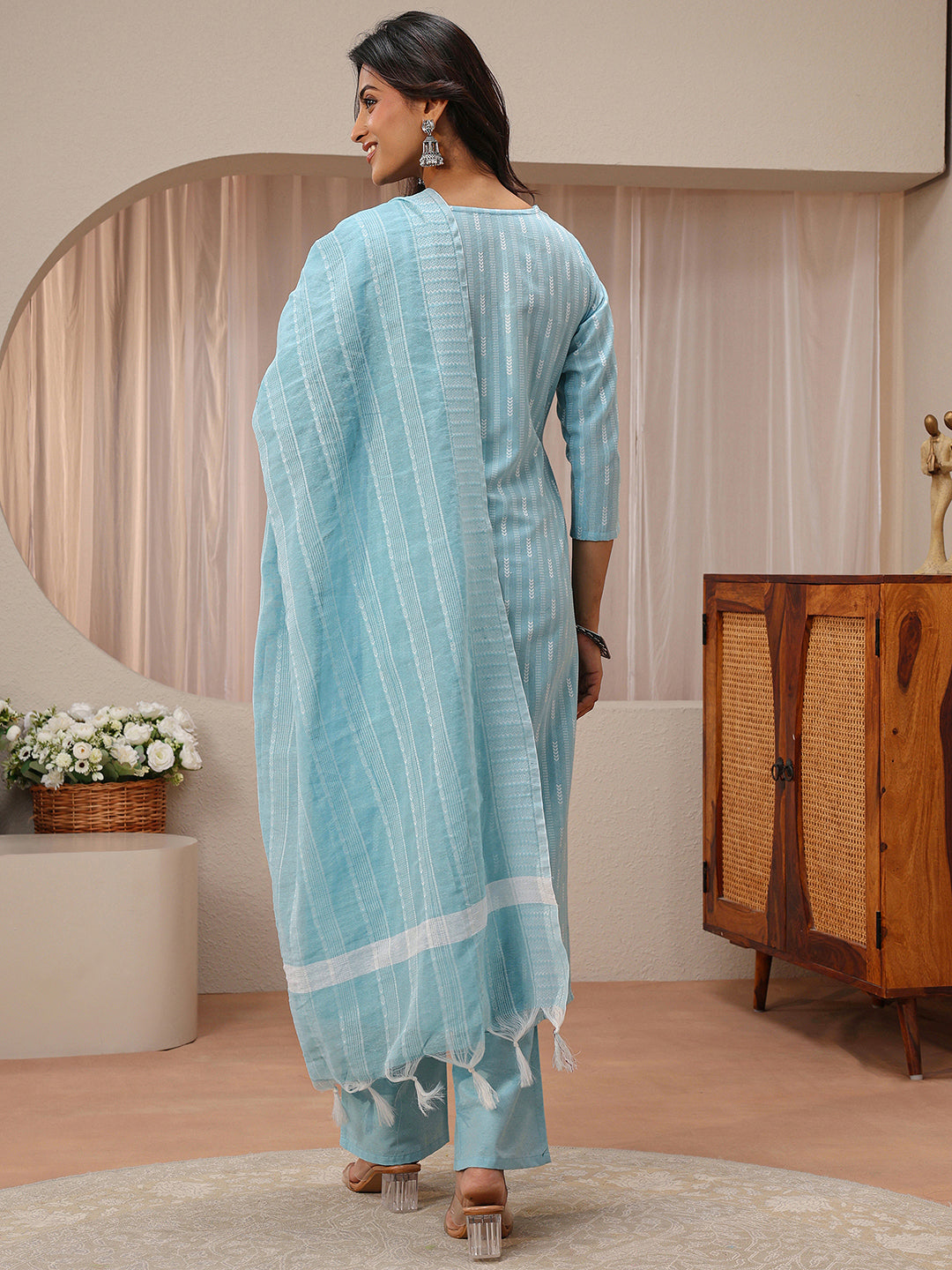  Gerua Blue Striped Woven Design Straight Suit Set 