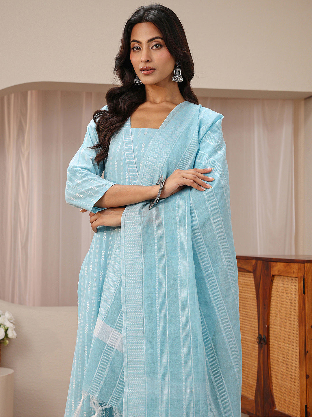  Gerua Blue Striped Woven Design Straight Suit Set 